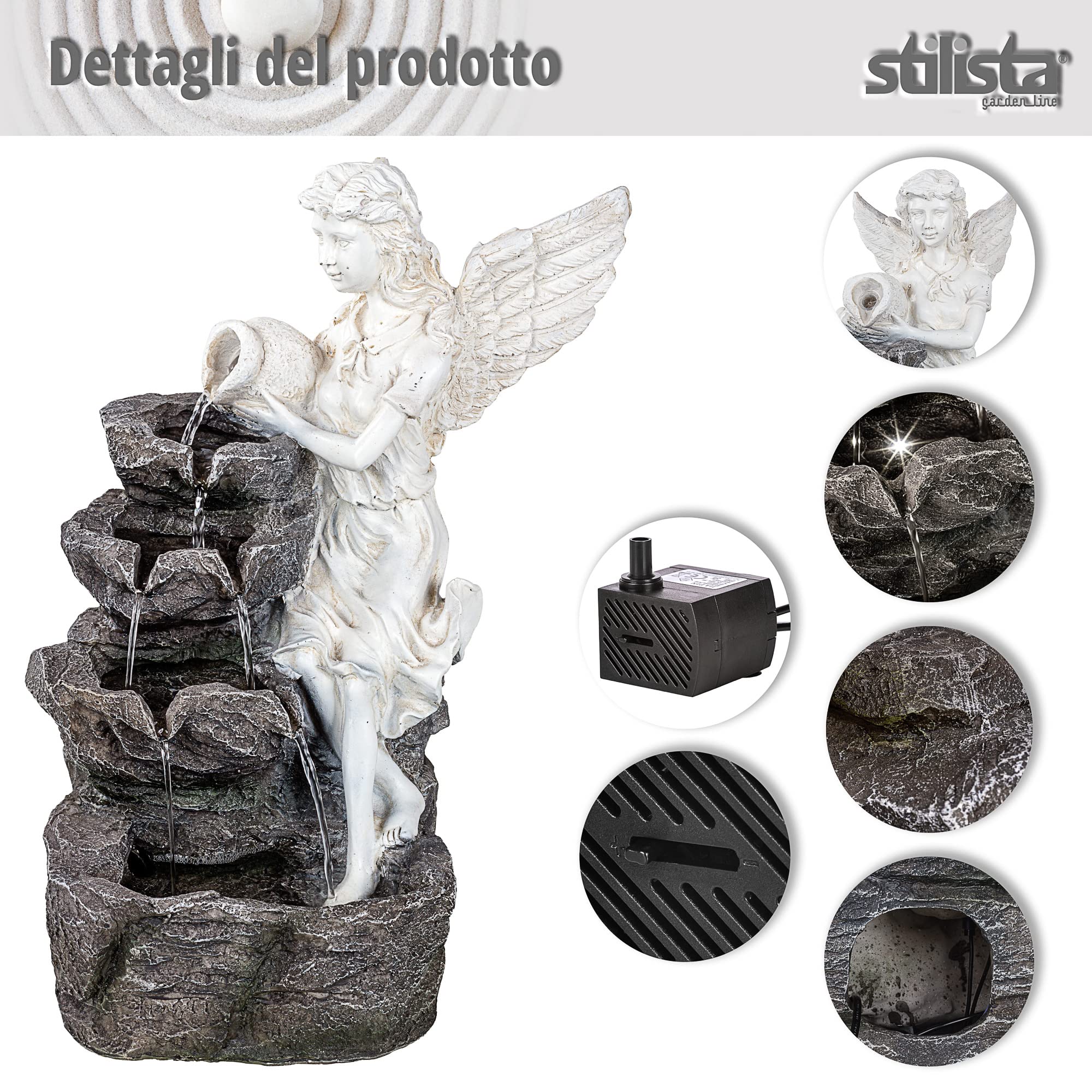STILISTA Fontana da giardino a forma di angelo, 49 x 35 x 32 cm, con illuminazione a LED, pompa inclusa