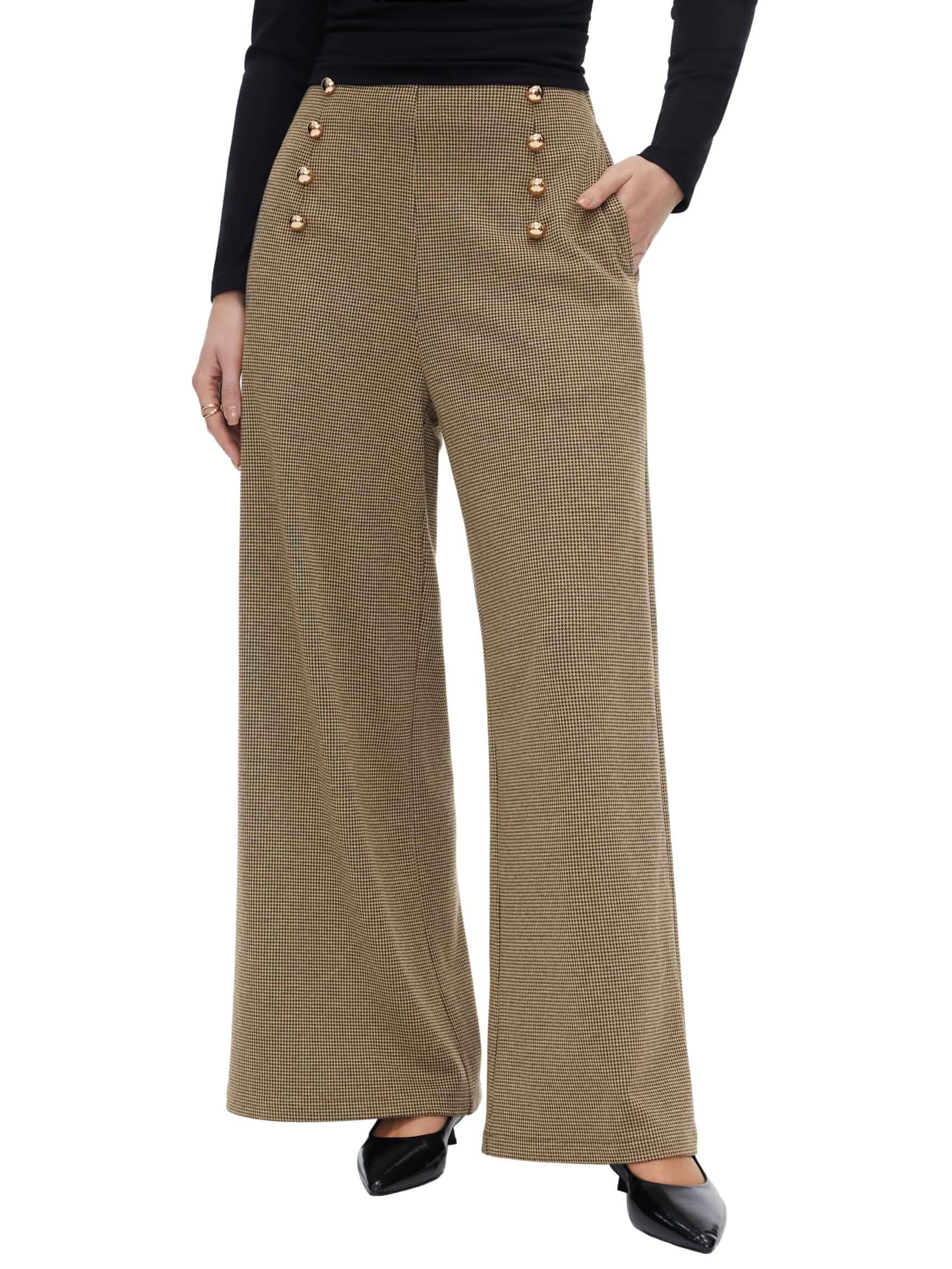 CIDER Women's High Waist Wide Leg Check Trousers Gold Buttons | Full Length, Side Pockets, Jacquard Texture, Medium Stretch