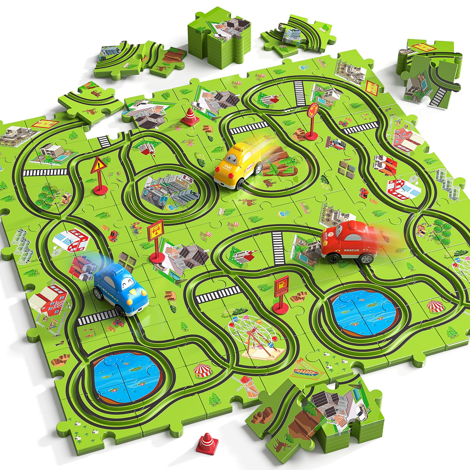 Juego de 64 piezas de coches de carreras de rompecabezas para niños de 3, 4, 5, 6 años, pistas de rompecabezas para niños de 3 a 5 años con 3 autos de juguete deslizantes, temáticos de ciudad 8