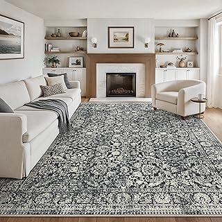 Bavni 8x10 Area Rugs for Living Room, Machine Washable Rug Lightweight Low Pile, Non Slip Boho Rugs with Rubber Backing, Floral Print Carpet for Bedroom Dinning Room, Black Floral