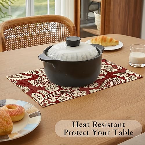 Miniatura 5 de LilyCat Juego de 6 manteles individuales de tela de lino con estampado floral de cachemira roja, duraderos, bohemios, para cocina, rústico, vintage,