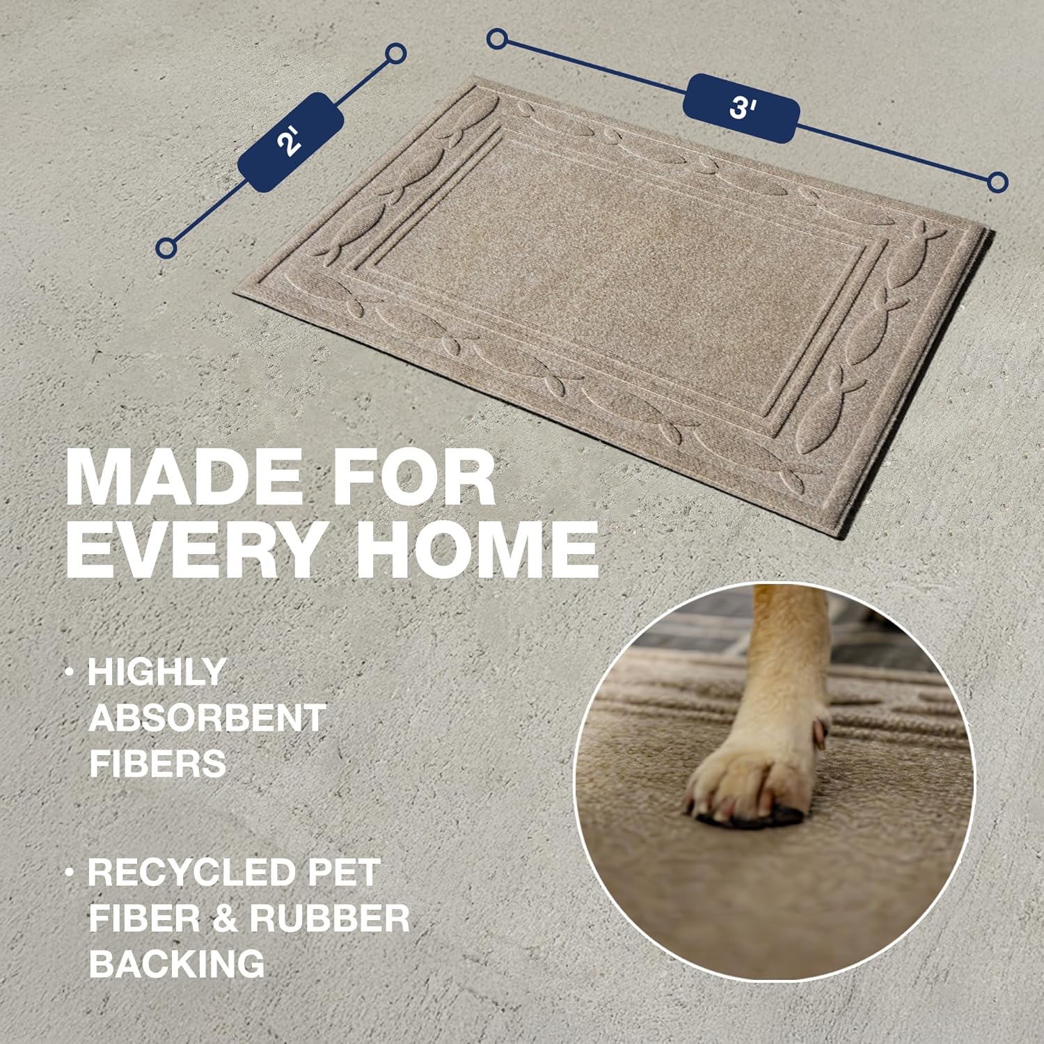 MATSINC Artisan Entry Front Door Mat - Rubber Back Indoor Outdoor Mat with Coastal Design, Water Absorbing Welcome Front Door Mat Outside Entrance, Made in The USA, 2' x 3'(Taupe)