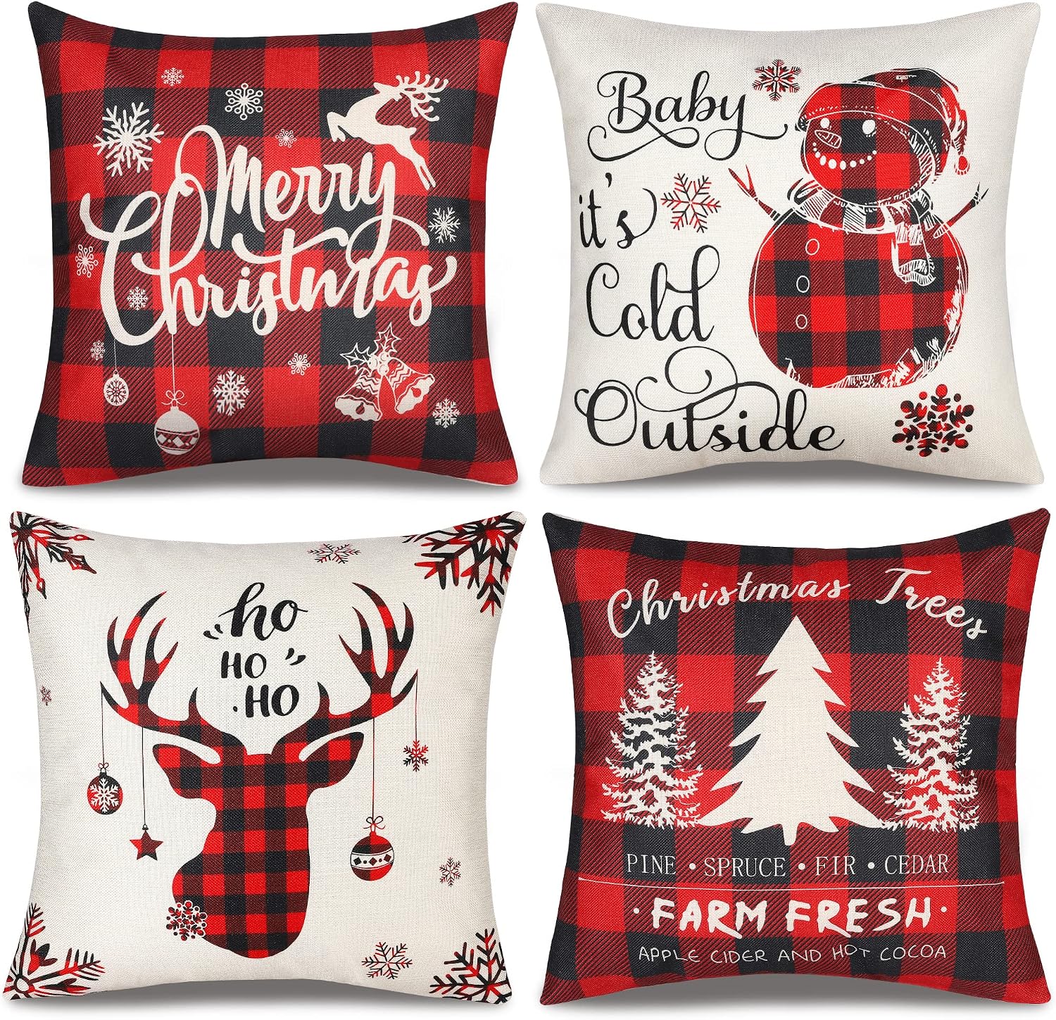 ButyHome Christmas Pillow Covers 18×18 Inch Set of 4 Farmhouse Deer Pillowcase Black and Red Plaid Linen Throw Pillow Covers for Sofa Couch Christmas Decorations Cushion Pillow Case for Holiday Decor