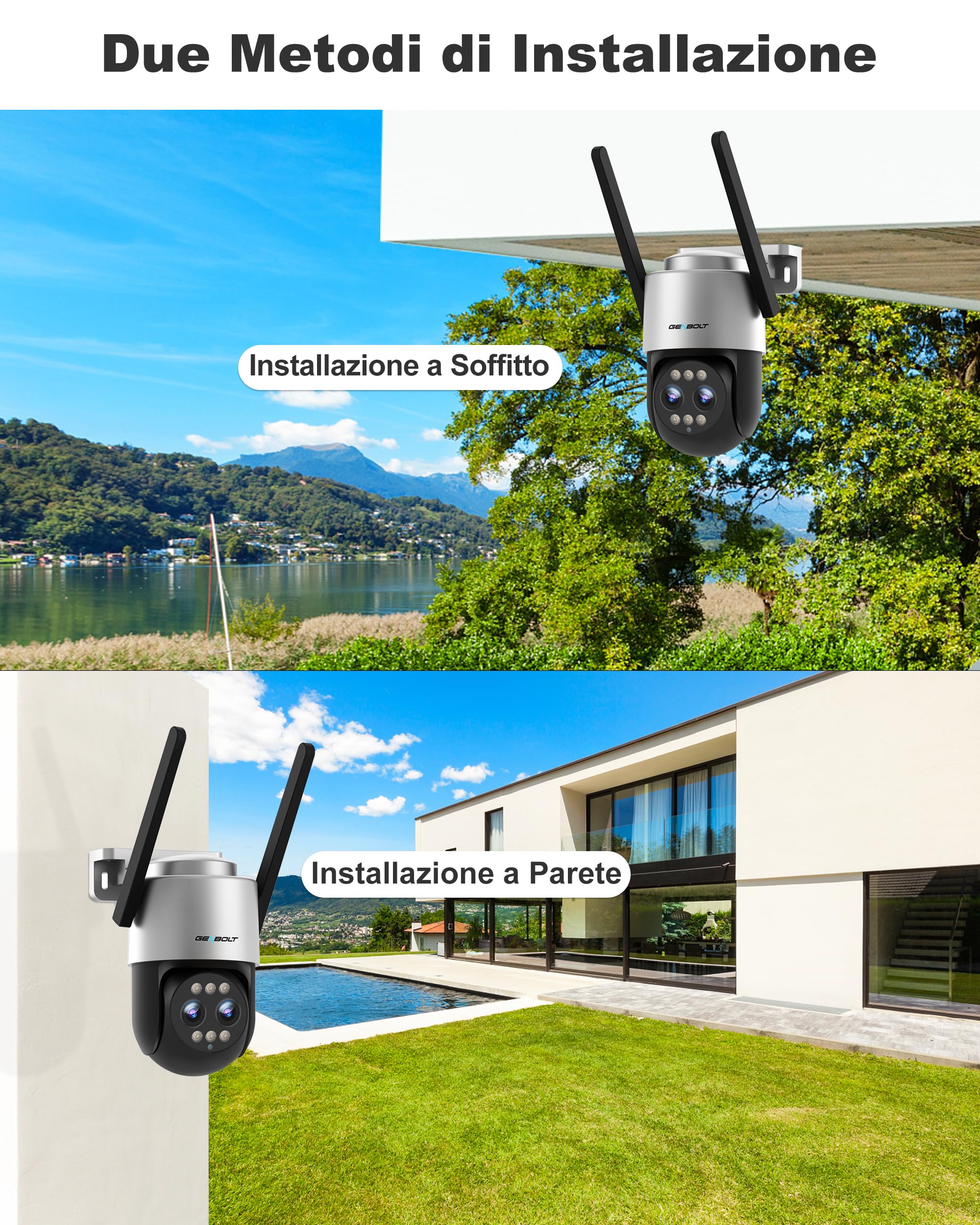 GENBOLT Telecamera Wi-Fi Esterni, Doppia Lente 2.5K Telecamera CCTV IP | Zoom ibrido 10X,Registrazione Continua 24/7,PTZ,Intelligente Automatico,Rilevamento Persone,Notturna Colori,IP66[DC&POE]
