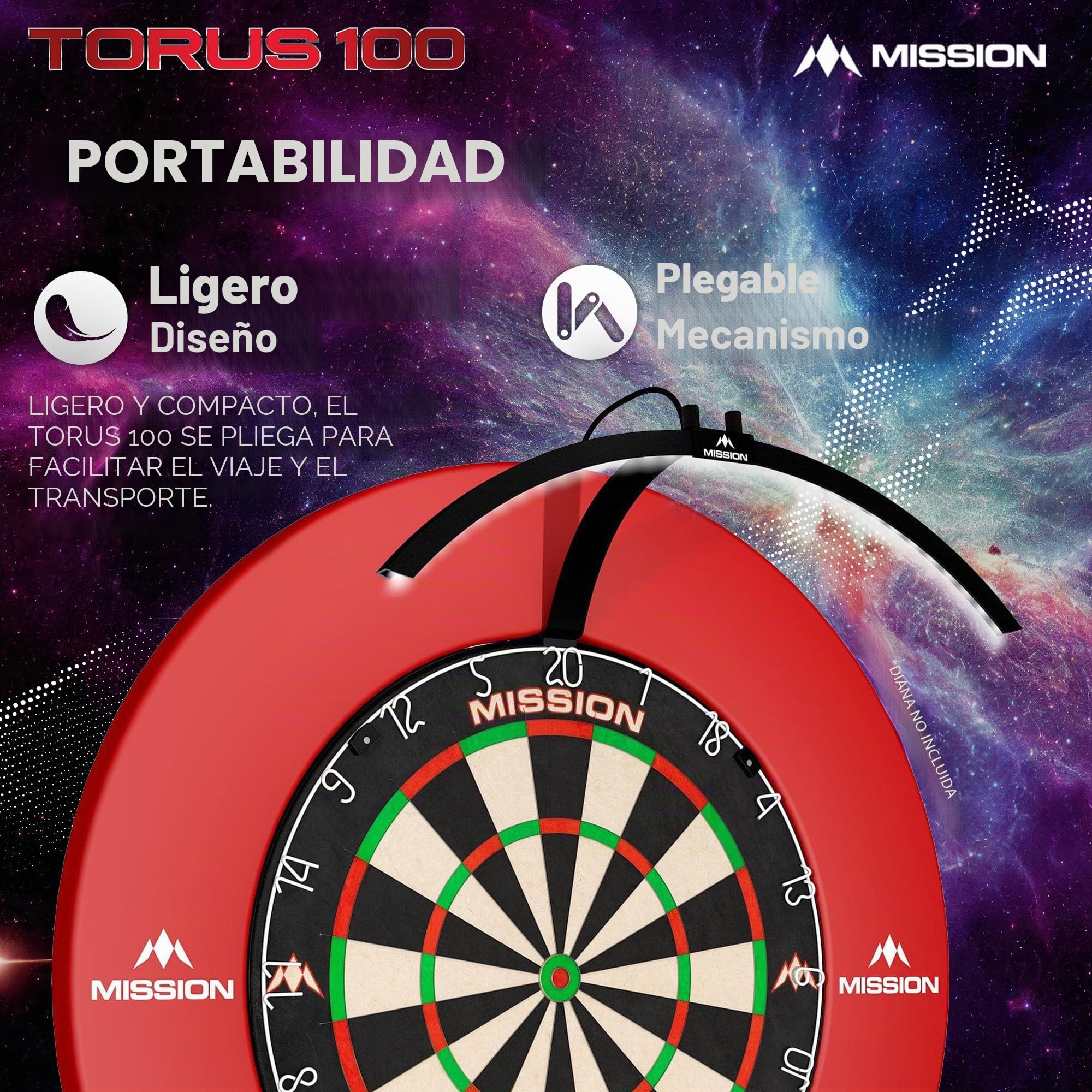 Mission Darts TOR100 Torus 100 | Tablero de Dardos LED Plegable portátil Sistema de iluminación de Viaje