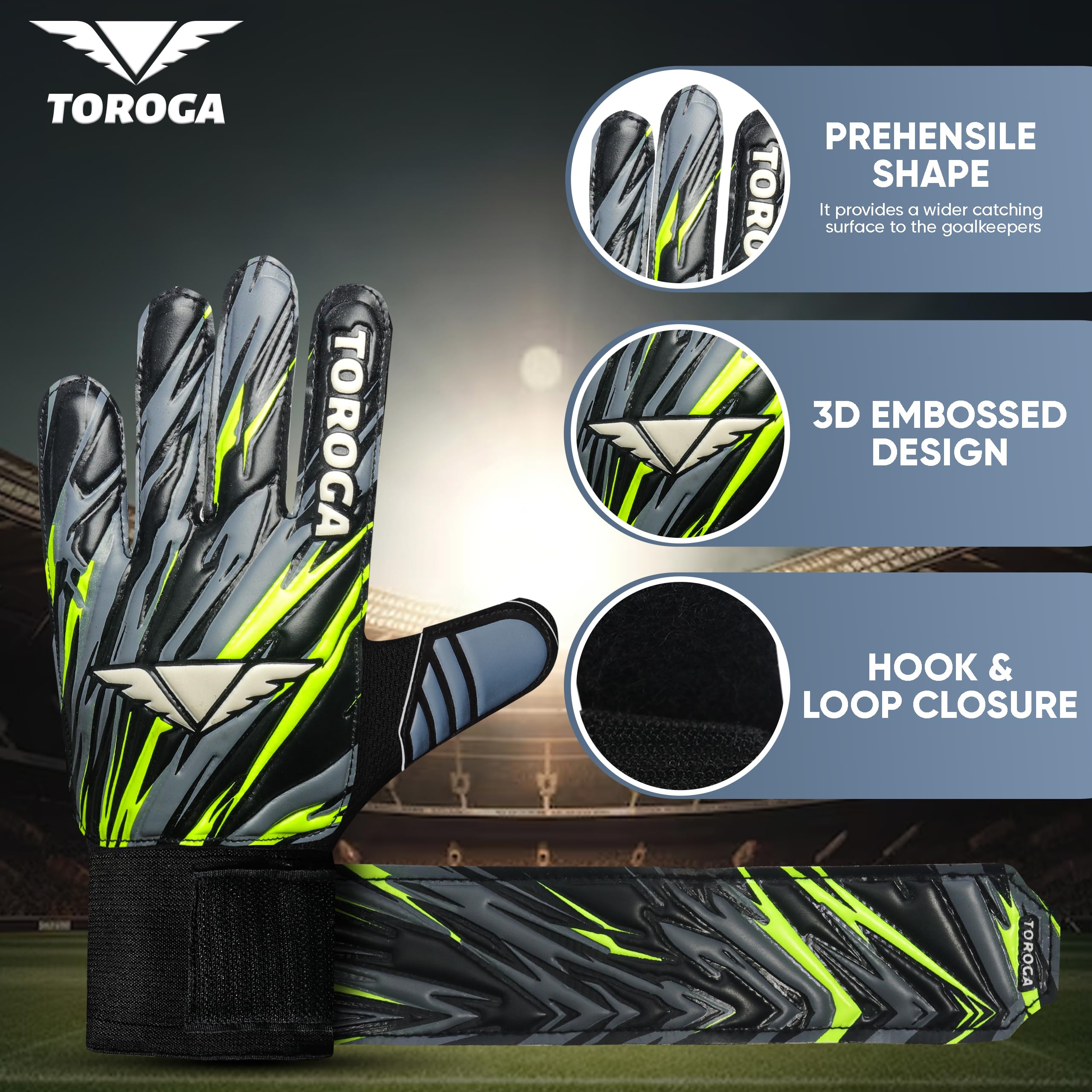 TOROGA Football Goalkeeper Gloves For Boys kids Children Youth Soccer Goalie Glove with Super Grip Palms (Black, 2) - Image 3