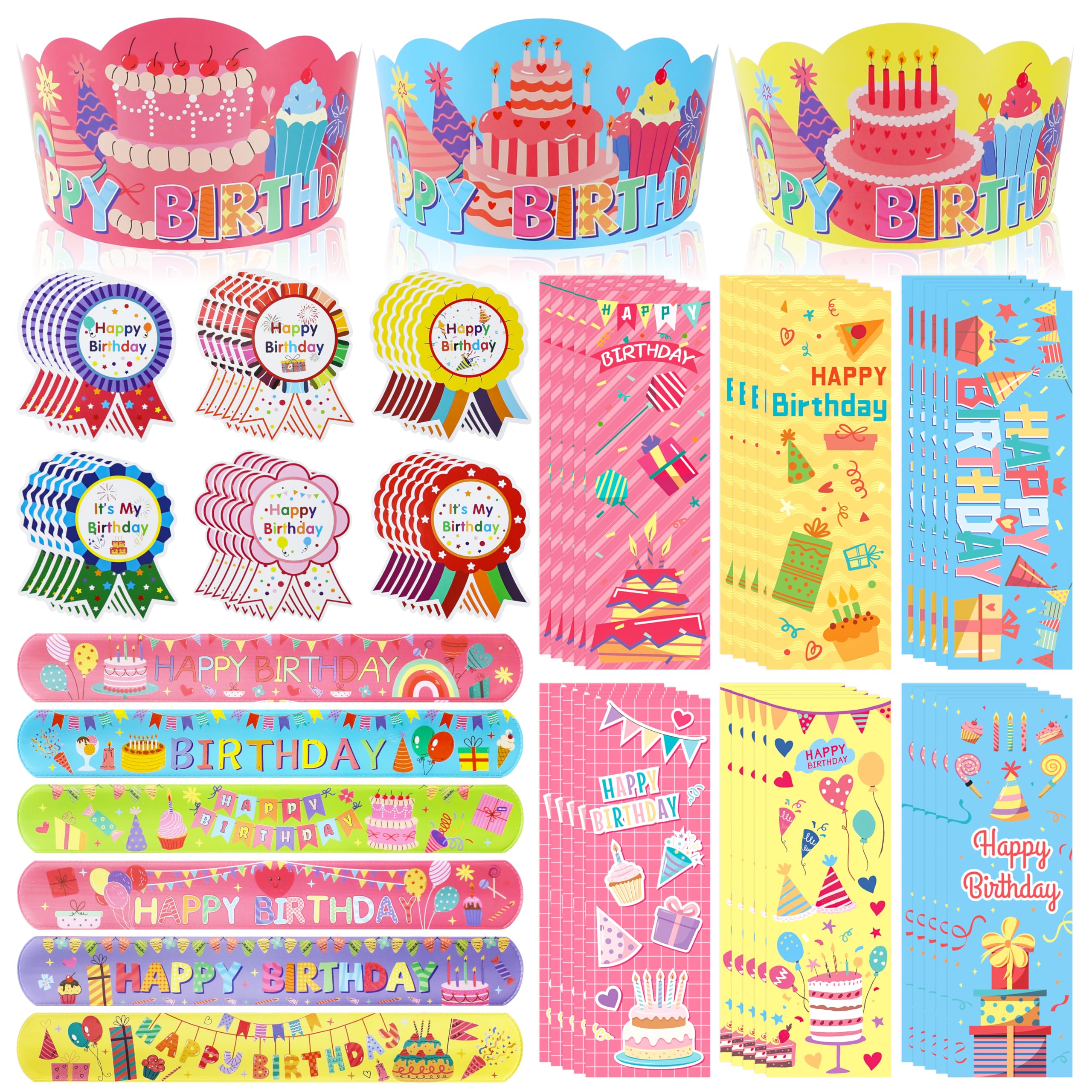 Photo 1 of 126 PCS Classroom Happy Birthday Kits for Kids, Include Adjustable Birthday Crowns, Multicolor Slap Bracelets, Bookmark & Badge Stickers, Reward Students School Party Favors Teacher Supplies