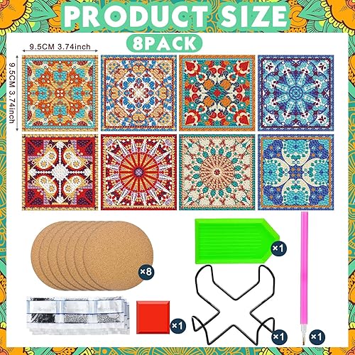 Miniatura 2 de Purpeak 8 posavasos de diamantes para pintar con diamantes, posavasos de mandala con soporte cuadrado bohemio de cachemira de diamantes 5D para
