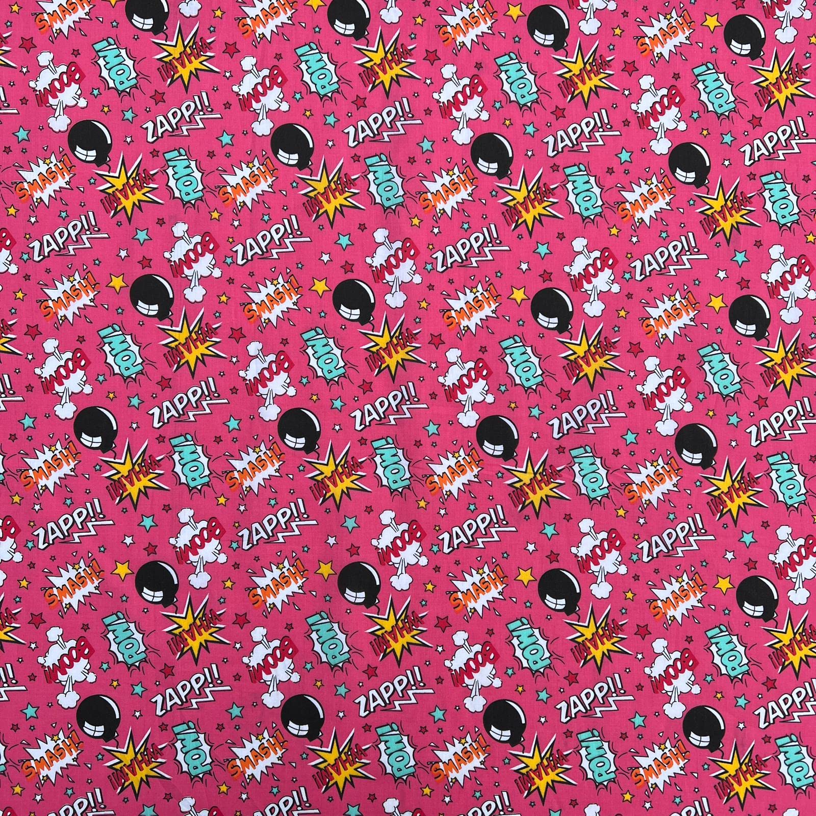 Discover Lifestyle & Fashion Fabrics Cerise Pink Printed Polycoton Poly Cotton Boom Pow Wow Comic Design Novelty Children's Kids Dress Craft Bunting Fancy Dress Sewing Fabric Material | 45" - 112 Cm Wide (Per Half Metre, )