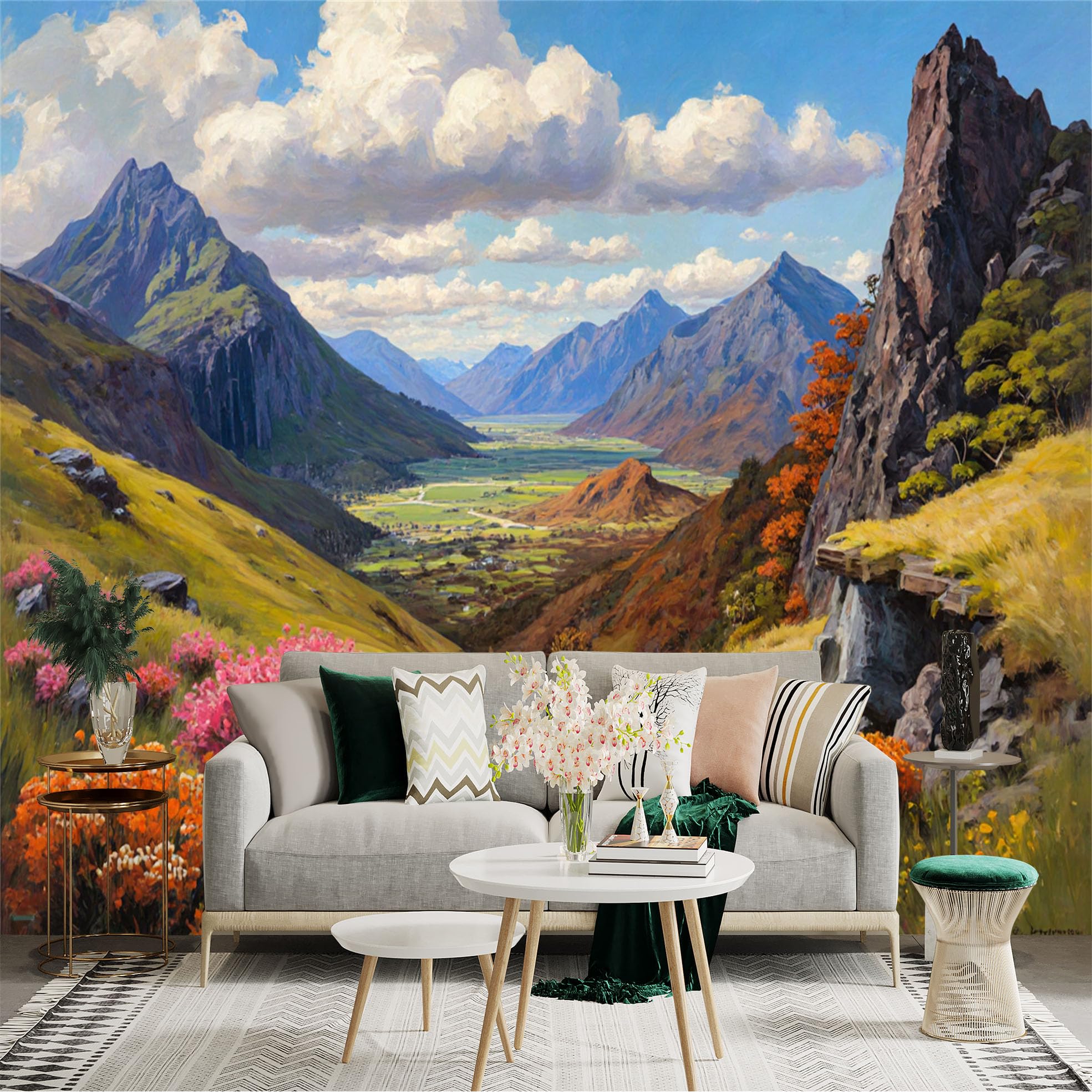 Lnzczhyre Xc260505534 Custom Size Wall Sticker Mural， Scenic Mountain Valley， Stone Path And Colorful Wildflowers， Majestic Peaks And Cloudscape， For Wall Decoration， Peelandstick Wall Decals.
