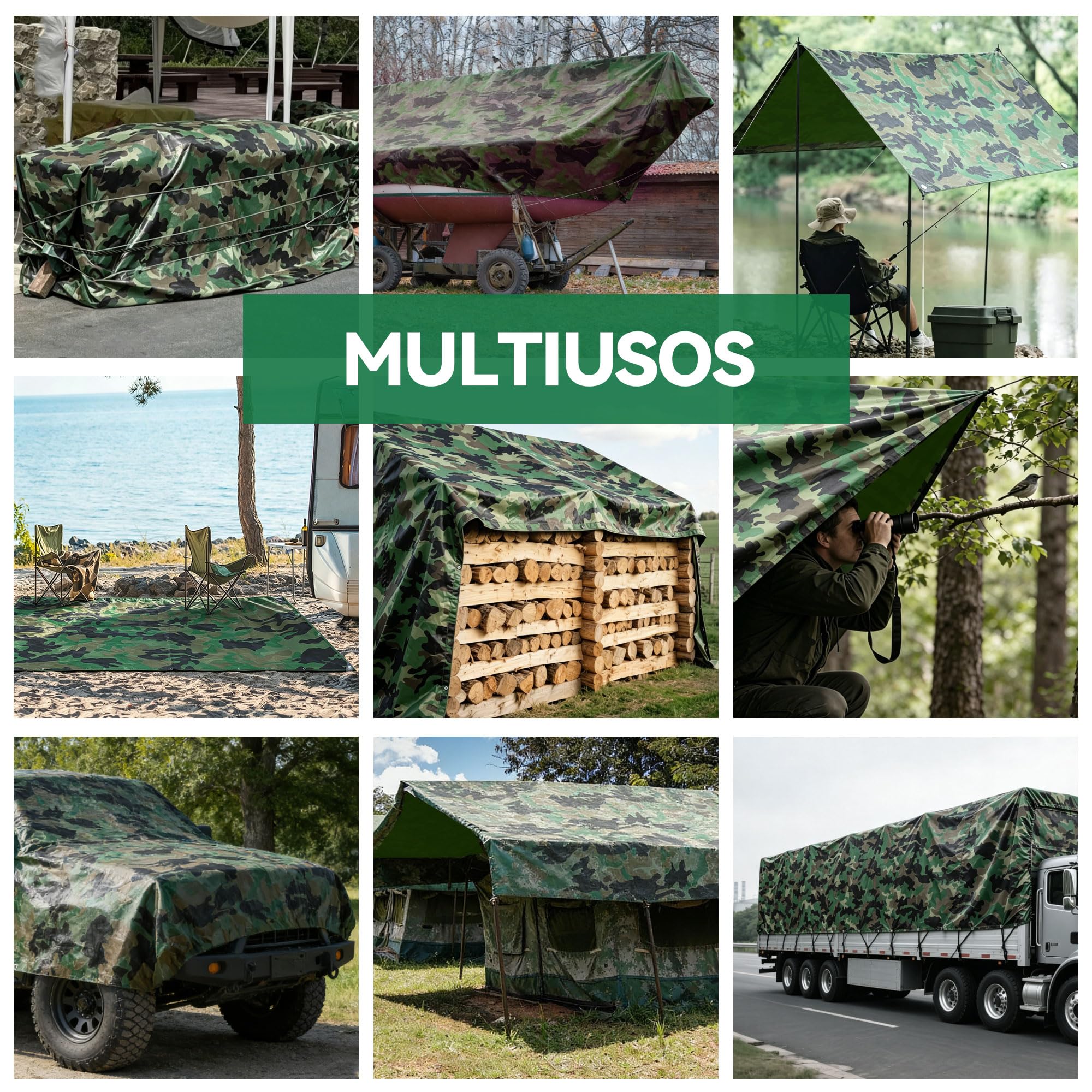 Telone Impermeabile Esterno Mimetico 5,5x6m 115g/mq – HDPE Rinforzato con Occhielli Anti-UV, Telo Copritutto Antipioggia e Antivento per Piscina, Auto, Giardino, Campeggio, Caccia