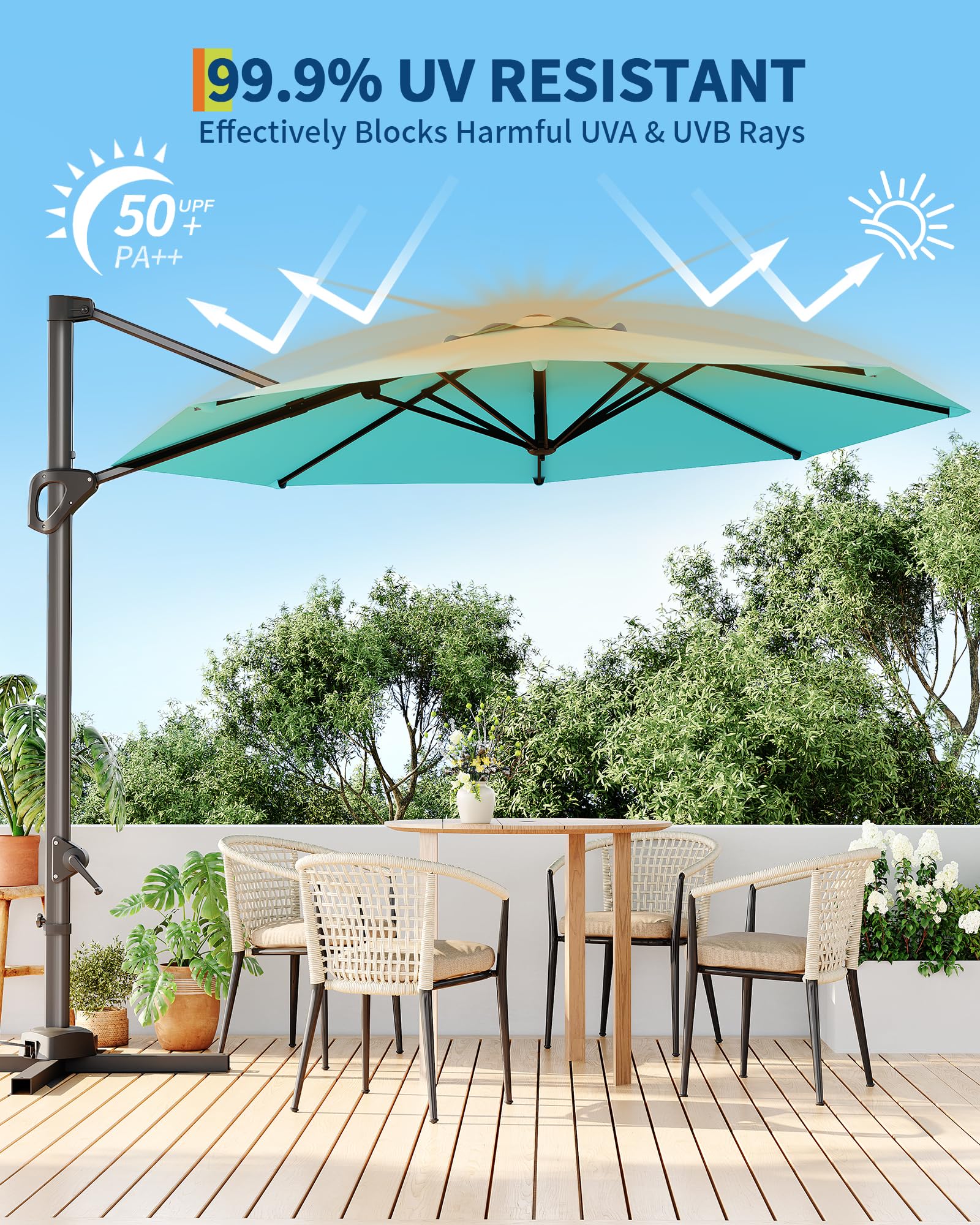 Paraguas voladizo de 10 pies para patio al aire libre con base incluida, sombrilla de mercado compensada a prueba de viento con rotación de 360 grados para patio, jardín, terraza, piscina 3