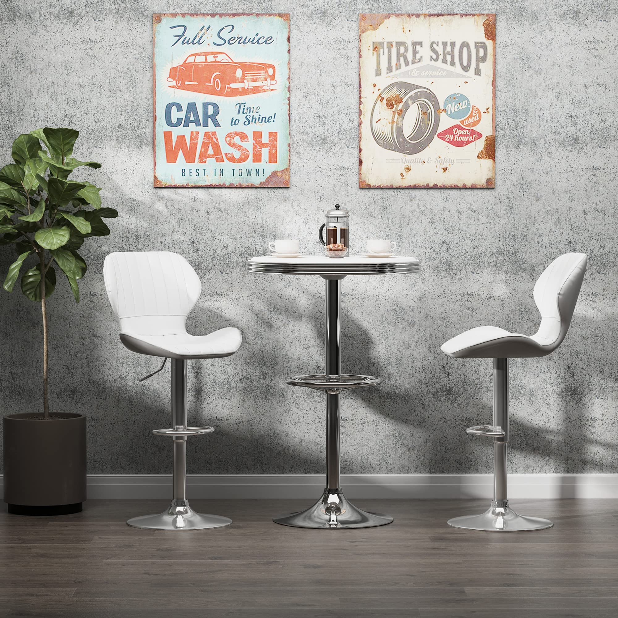 HOMCOM 2 Taburetes Altos de Cocina Giratorio 47x51,5x92-114 cm Blanco | Taburetes Altos de Cuero Sintético, con Respaldo, Estructura de Metal