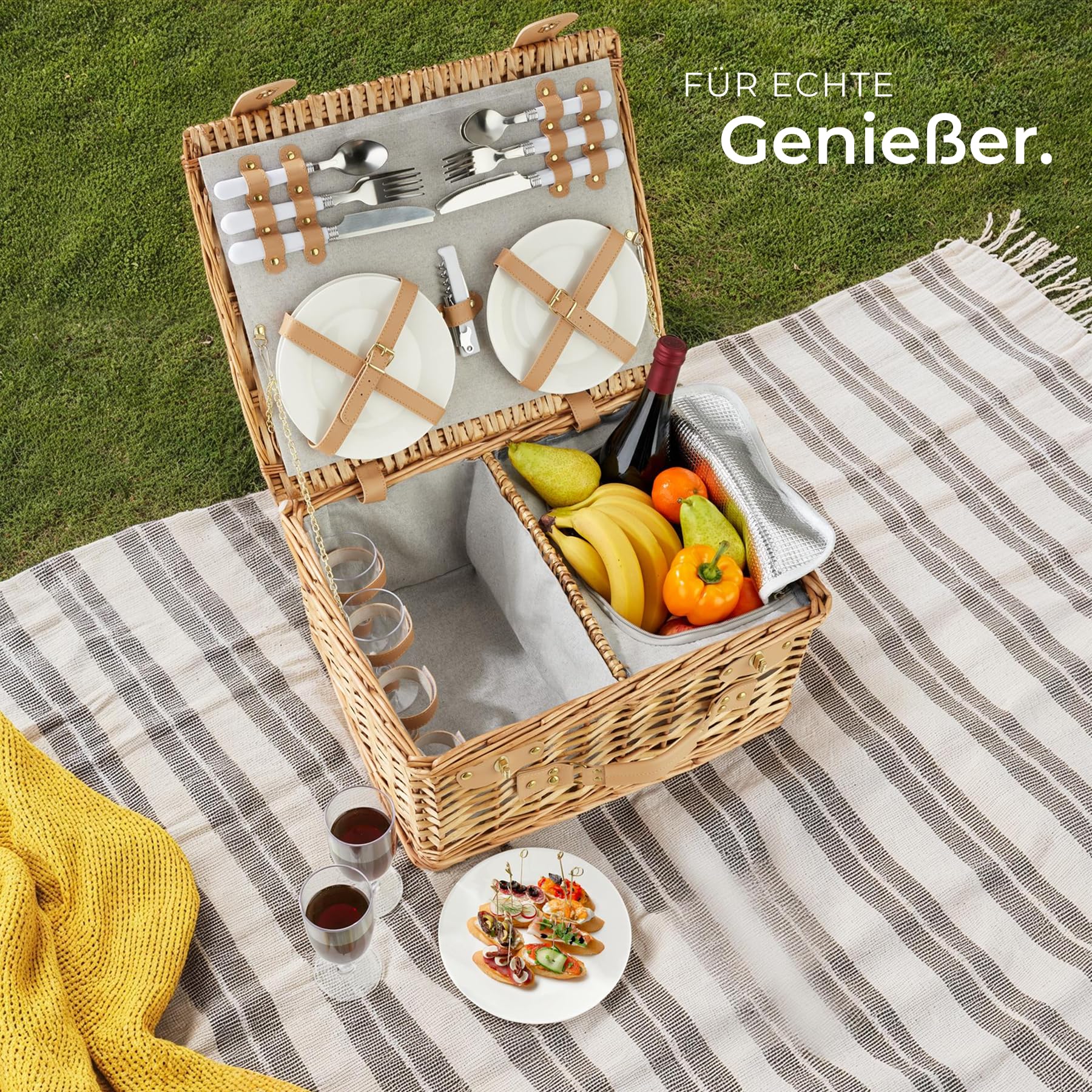 tectake® Picknickkorb 4 Personen, inkl. Kühlfach, befüllter Picnic Basket Weidenkorb für Ausflug, Camping, Dinner Date, Picknickkorb mit Deckel, als Geschenkkorb, Rotkäppchen Korb - Föhr