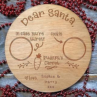 Personalised Santa Plate Christmas Eve Board, Santa Treats Round Wooden Christmas Tray for Father Christmas