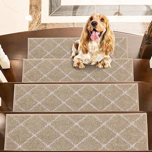 BEQHAUSE Alfombras antideslizantes para escalones de madera, lavables a máquina, de poliéster, suaves, 28 x 9 pulgadas, color beige, para perros,