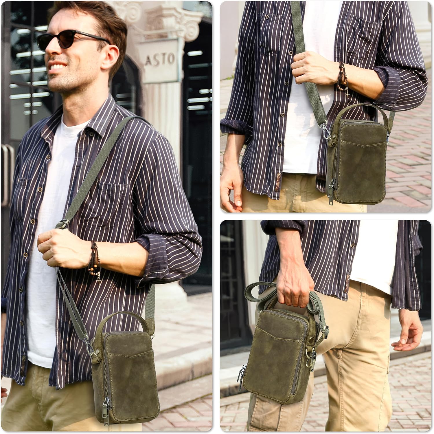 Top Grain Genuine Leather Crossbody Phone Bag for Man & Woman, Multi Pockets & Slots & Adjustable Strap for Daily/Travel