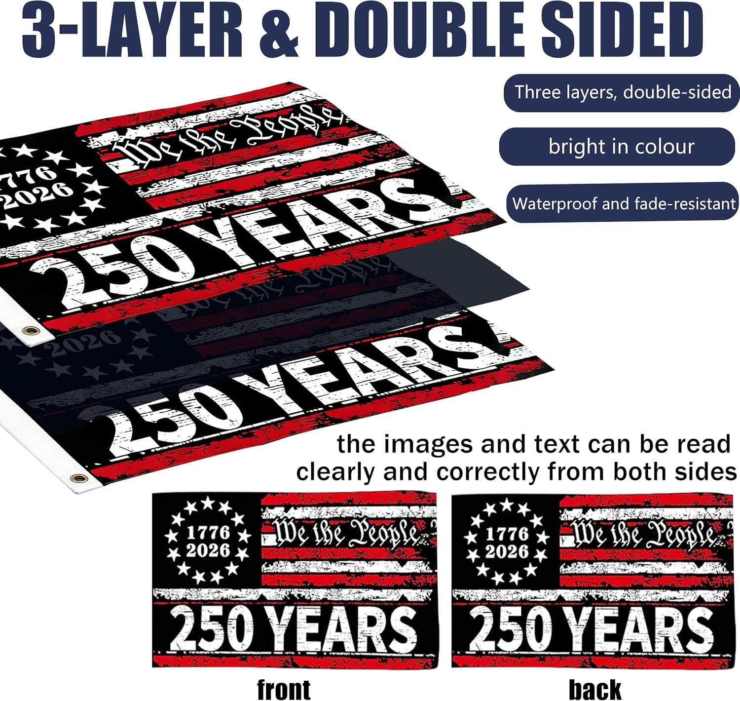4 Pcs We The People 250 Year American Anniversary Flag, 3 Ply Double Sided 3x5 Ft, With 2 Fan Flags 2x4 Ft, 1 Garden Flag 12x18 Inch, 1776-2026 Patriotic Flag, For Outdoor, Front Door, Wall, Fence