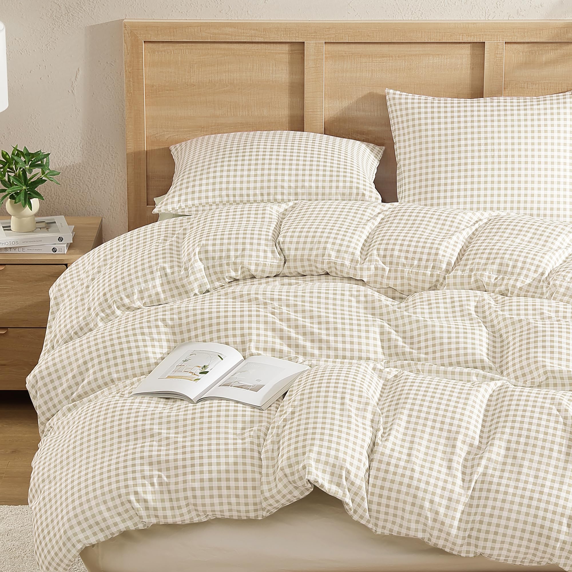 Andency Cream Gingham Duvet Cover Full, Beige Checkered Plaid Bedding Set