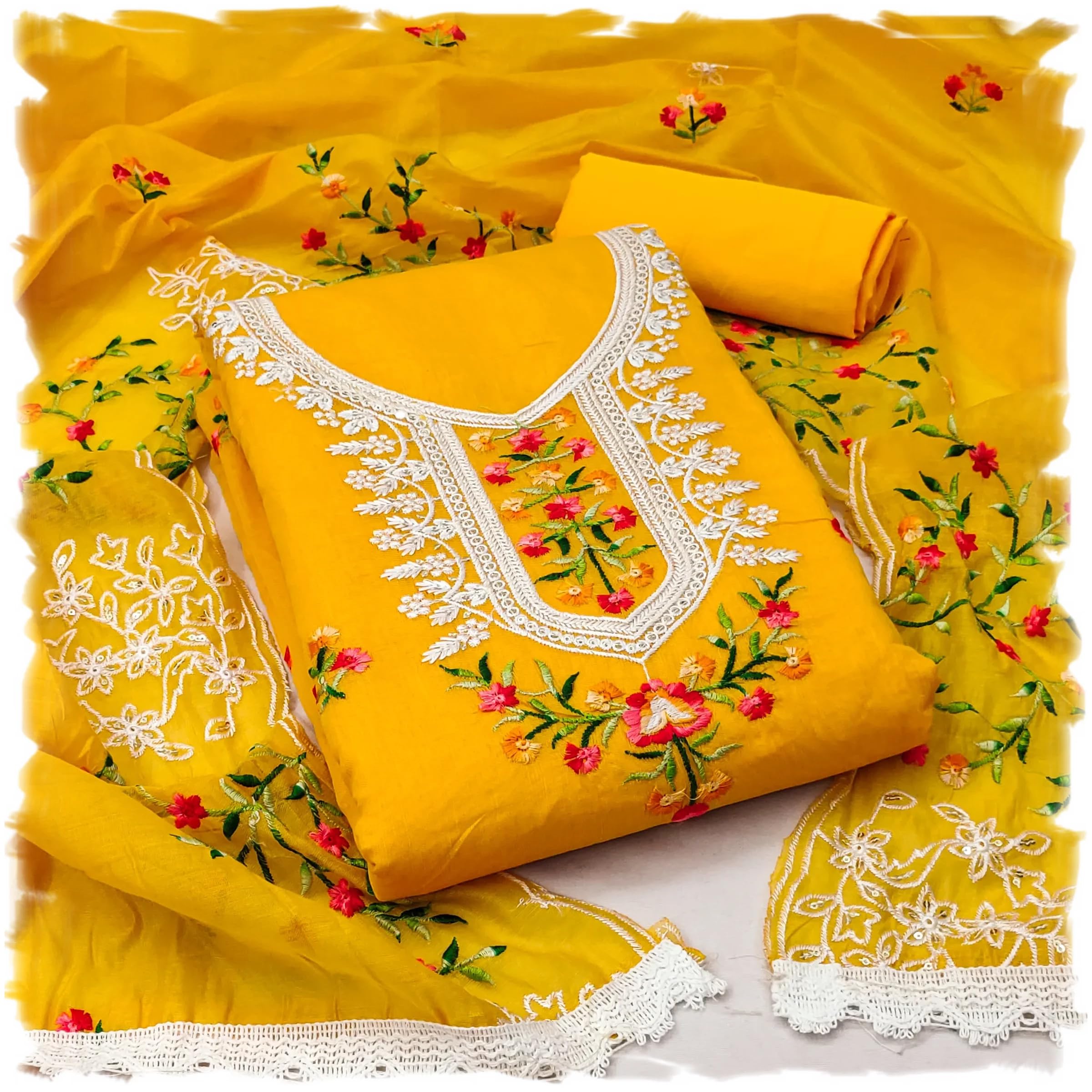 Y2YWomen's Cotton Embroidery Work Unstitched Salwar Suit Dress Material With Chanderi Work Dupatta (Free Size_Multi Color)
