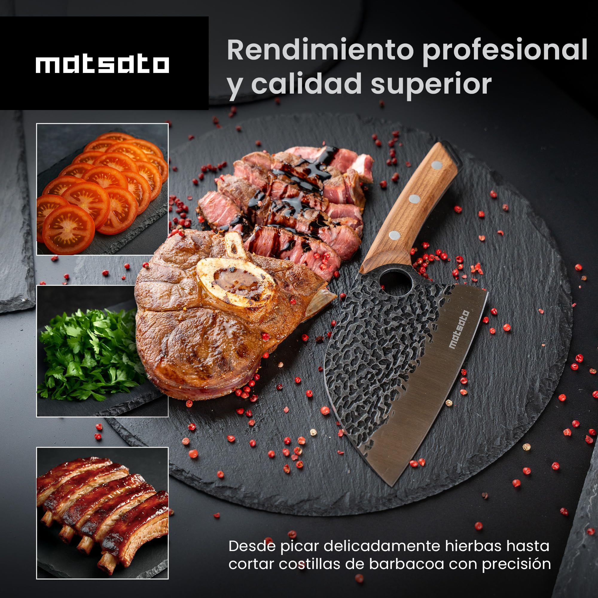 Matsato Cuchillo Carnicero Profesional de Acero Inoxidable con Mango Ergonómico de Madera de Haya, Cuchillo de Cocina Multifuncional para Cortes de Carne, Huesos y Verduras