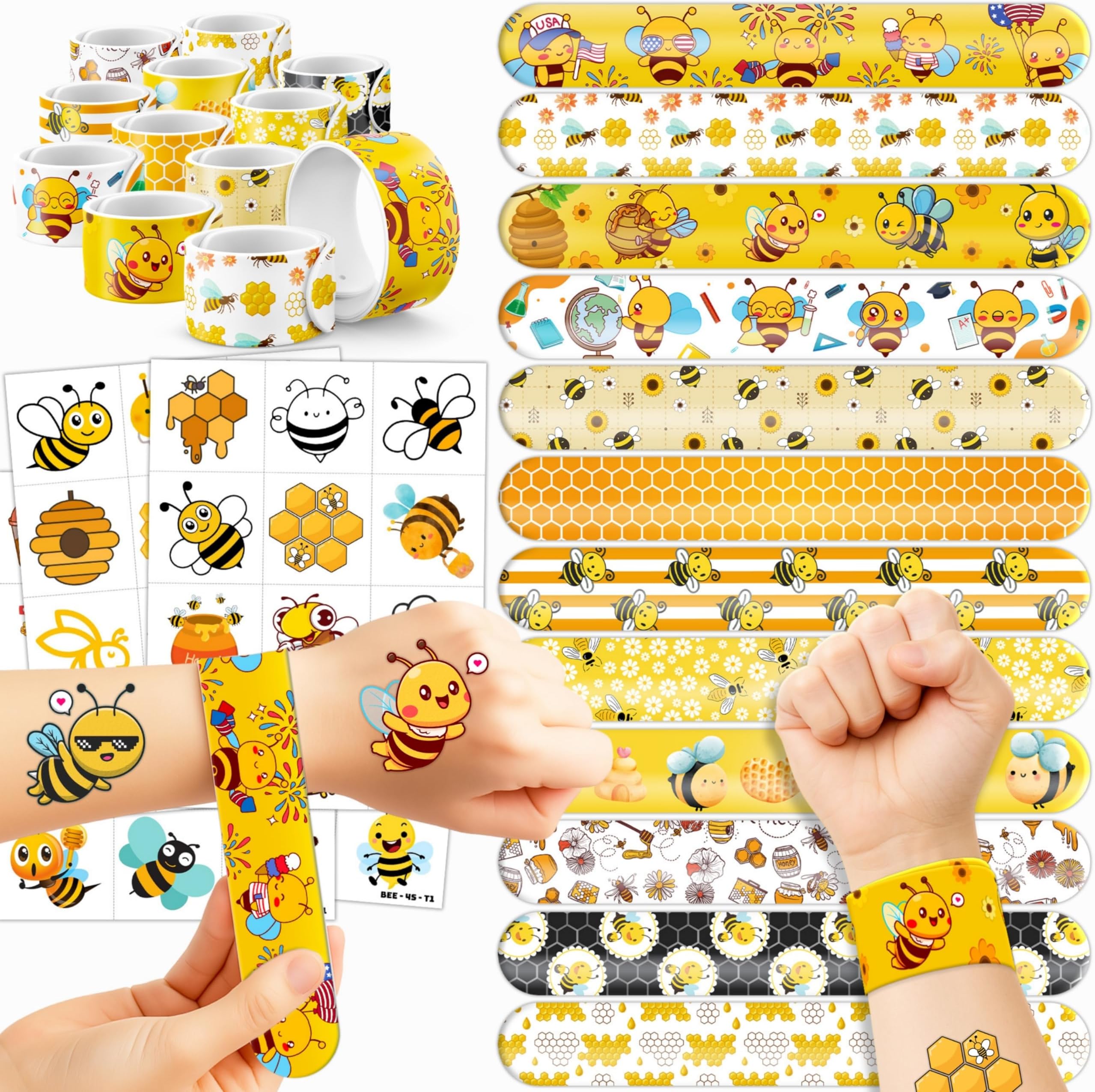 72PCS Bee Party Favors - 48PCS Pre-cut Tattoos & 24PCS Slap Bracelets - Honey Bee Birthday Supplies, Baby Shower Decorations, Classroom Prizes, Gifts for Girls & Kids