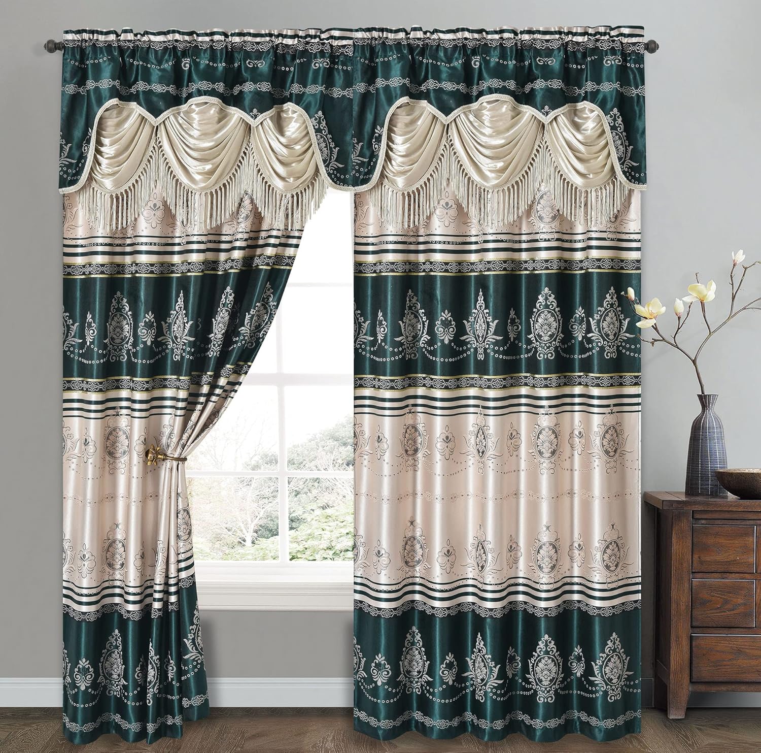GOHD Harmony Horizon. Jacquard Farmhouse Window Curtain Panel Drape with Attached Fancy Valance. 2pcs Set. Each pc 54" Wide x 90" Drop with 18" Valance. (Hunter Green)