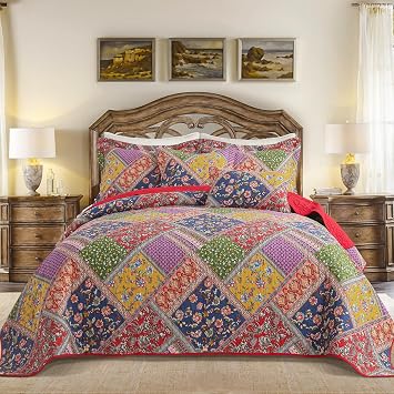 BEDIFANY Cotton King Quilt Set - Vintage Farmhouse Bedspread with Vibrant Floral Pattern, 3-Piece Lightweight Coverlet 98x106 Inch + 2 Pillow Shams, All Seasons Multicolor Quilt Bedding Set
