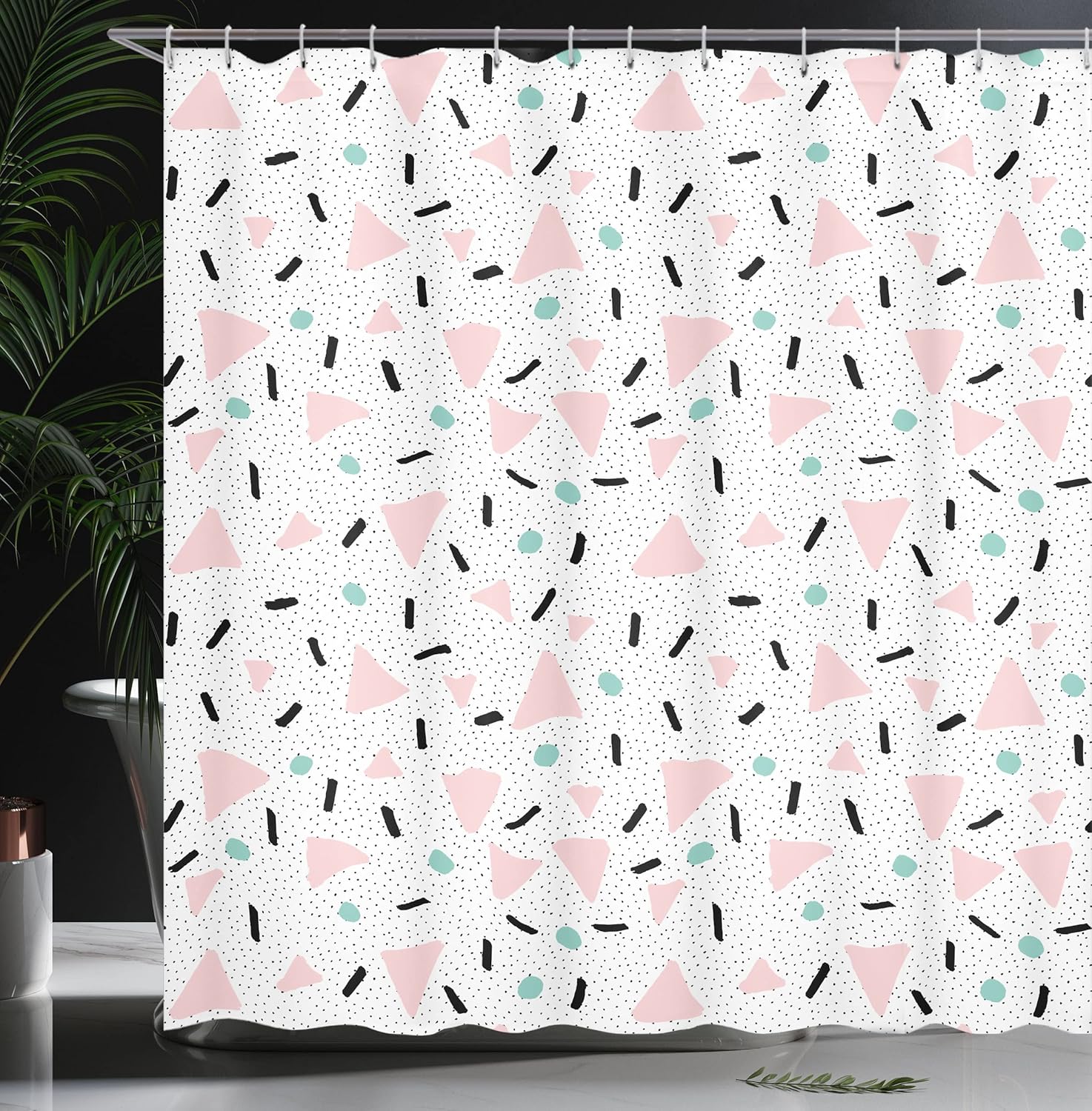 Ambesonne Retro Shower Curtain, Large Triangles and Circles Polka Dots Lines Fun Pattern Print, Cloth Fabric Bathroom Decor Set with Hooks, 69" W x 70" L, Pale Pink Teal Black