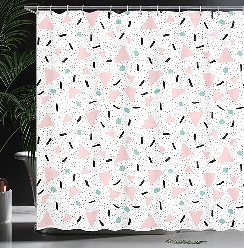 Miniatura 3 de Ambesonne Cortina de ducha retro, triángulos grandes y círculos, líneas de lunares, patrón divertido, juego de decoración de baño de tela con