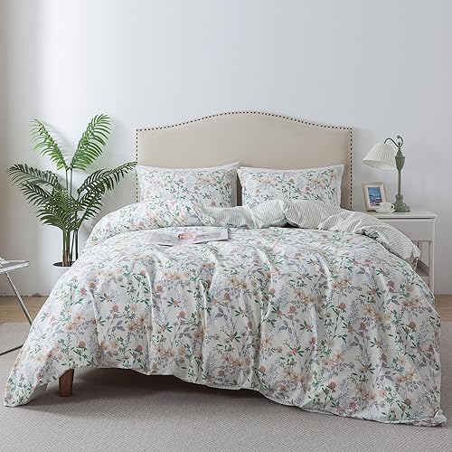 Miniatura 62 de HoneiLife - Juego de funda de edredón floral 100% algodón, 3 piezas, botánica, ropa de cama con cierre de cremallera y lazos en las esquinas