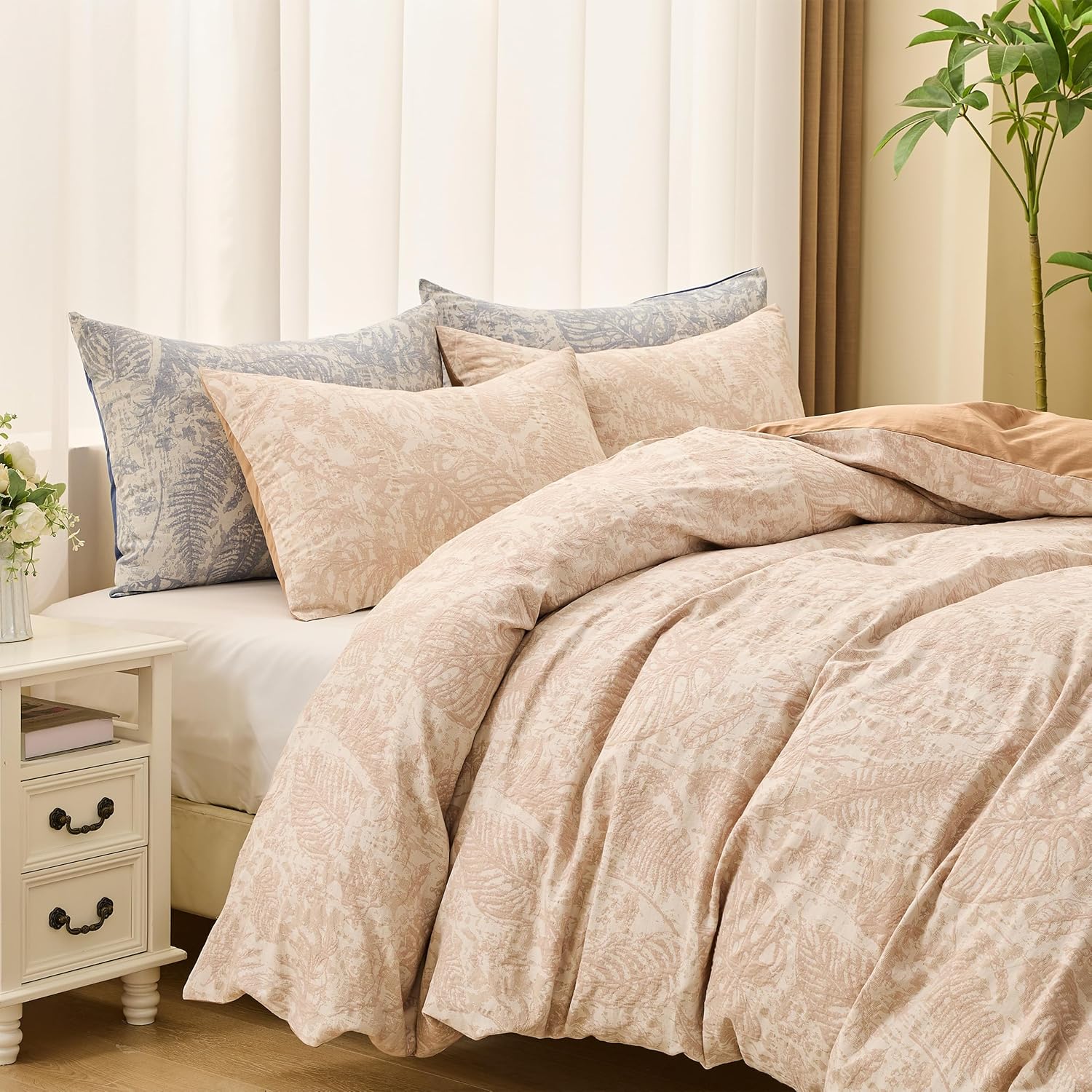 Simple&Opulence Jacquard Floral Duvet Cover Set 3 Pcs, 100% Cotton Muslin Yarn-Dyed Textured Bedding Set with Button Closure Soft Breathable, Monstera - Brown, Queen - Image 9
