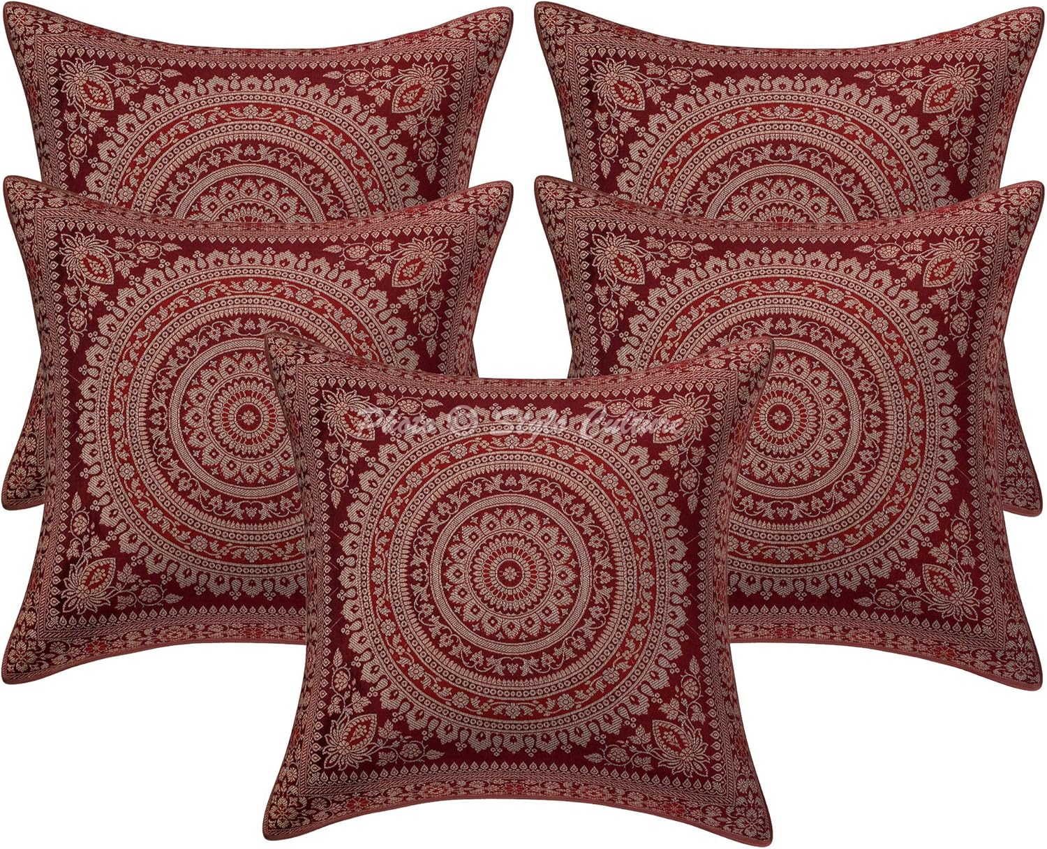 Ethnic Decorative Couch Sofa Toss Throw Pillow Cases 40x40 cm Brocade Hallway Decor Maroon Mandala Jacquard Square Luxury Zippered Bohemian 16x16 Inch Cushion Covers - 5 Pcs