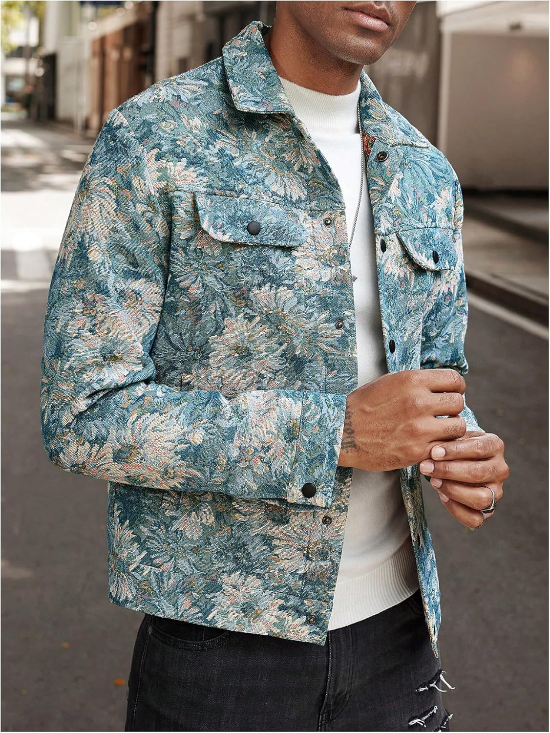 Floerns Men's Floral Jacquard Button Front Going Out Jacket Long Sleeve Shacket Shirts - Image 5