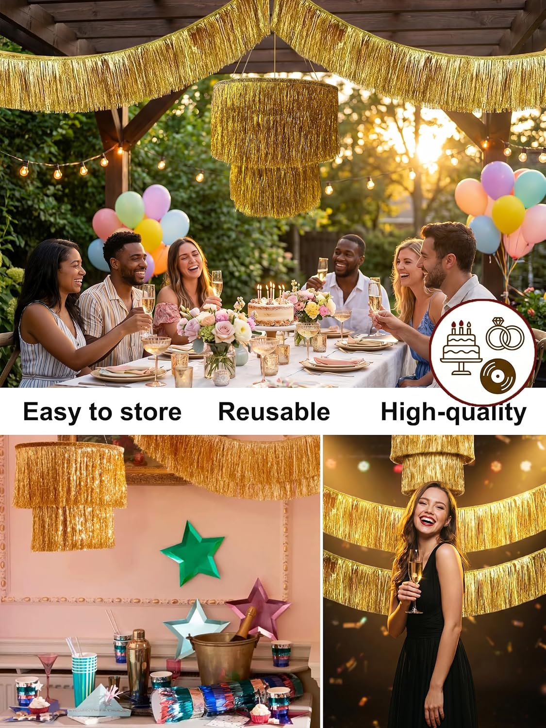 2 Tier Gold Fringe Tinsel Chandelier + 2 pcs Gold Fringe Tinsel Garland Banner, Bachelorette Birthday Festival Wedding Engagement Party Decorations 90s Party Supplies, 1920s Disco Ball Décor