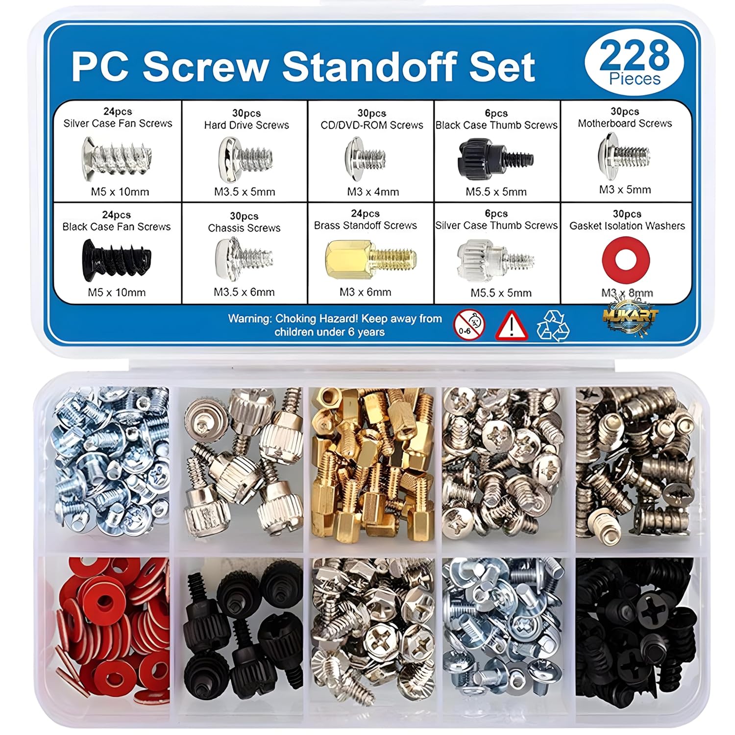 228PCS Computer Screw Set for Desktop PC Cabinet | Motherboard Standoff Kit, Spacers, HDD/SSD, Fan Screws, Case Screws, Insulation Washers, PC Build, Upgrade & Repair Hardware Kit Pack 1