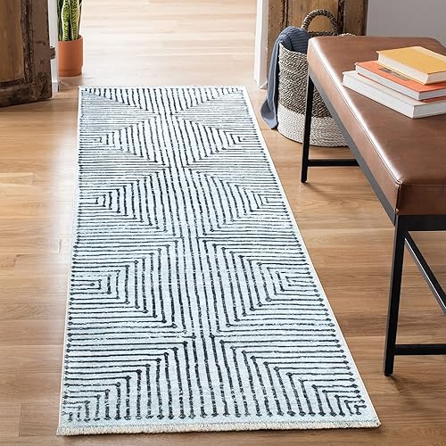 Bloom Rugs Caria - Alfombra de pasillo lavable antideslizante de 12 pies  color marfilnegro a rayas para entrada, pasillo, baño y cocina, tamaño