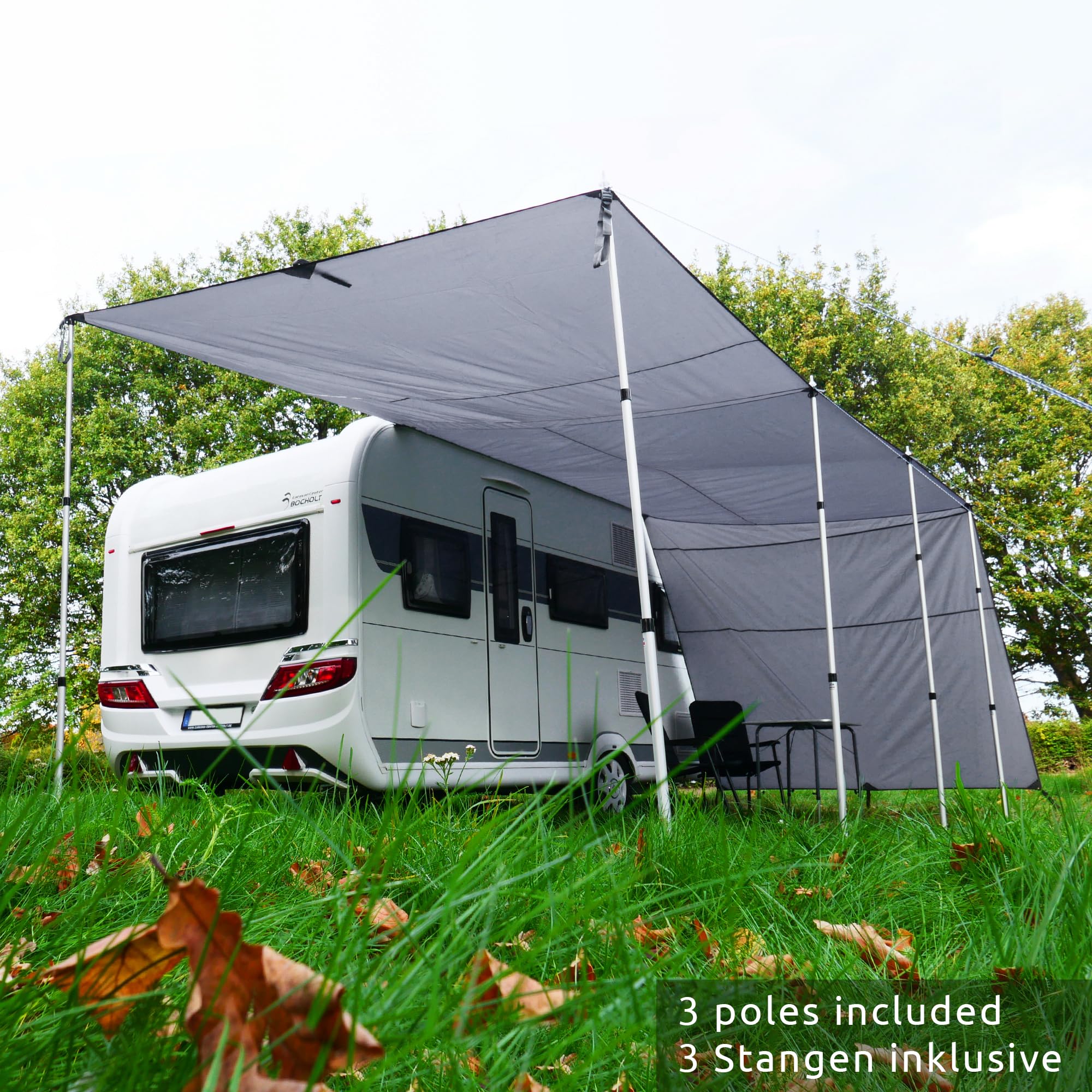 your GEAR Caravan Tarp Teramo - 4 Größen - 250, 300, 400, 450 cm Breite, Tiefe 240 cm - UPF 50+ Sonnendach für Wohnwagen Wohnmobil - 5000 mm Sonnensegel Seitenwände Aufstellstangen 450x240 cm