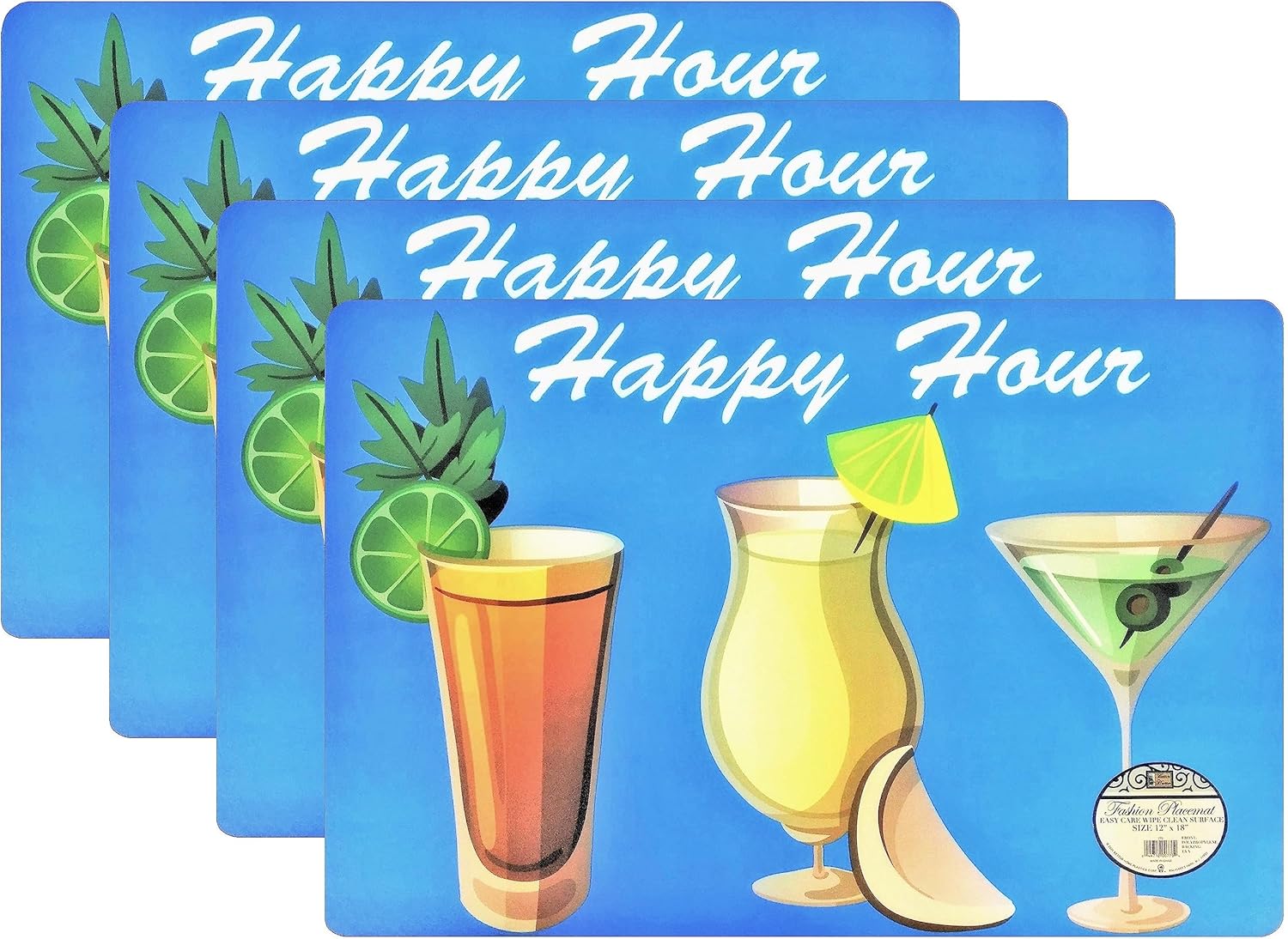 Set of 4 Happy Hour Design Placemats 12"x18" Sturdy Foam Backing Decoration Kitchen Table Place Mat