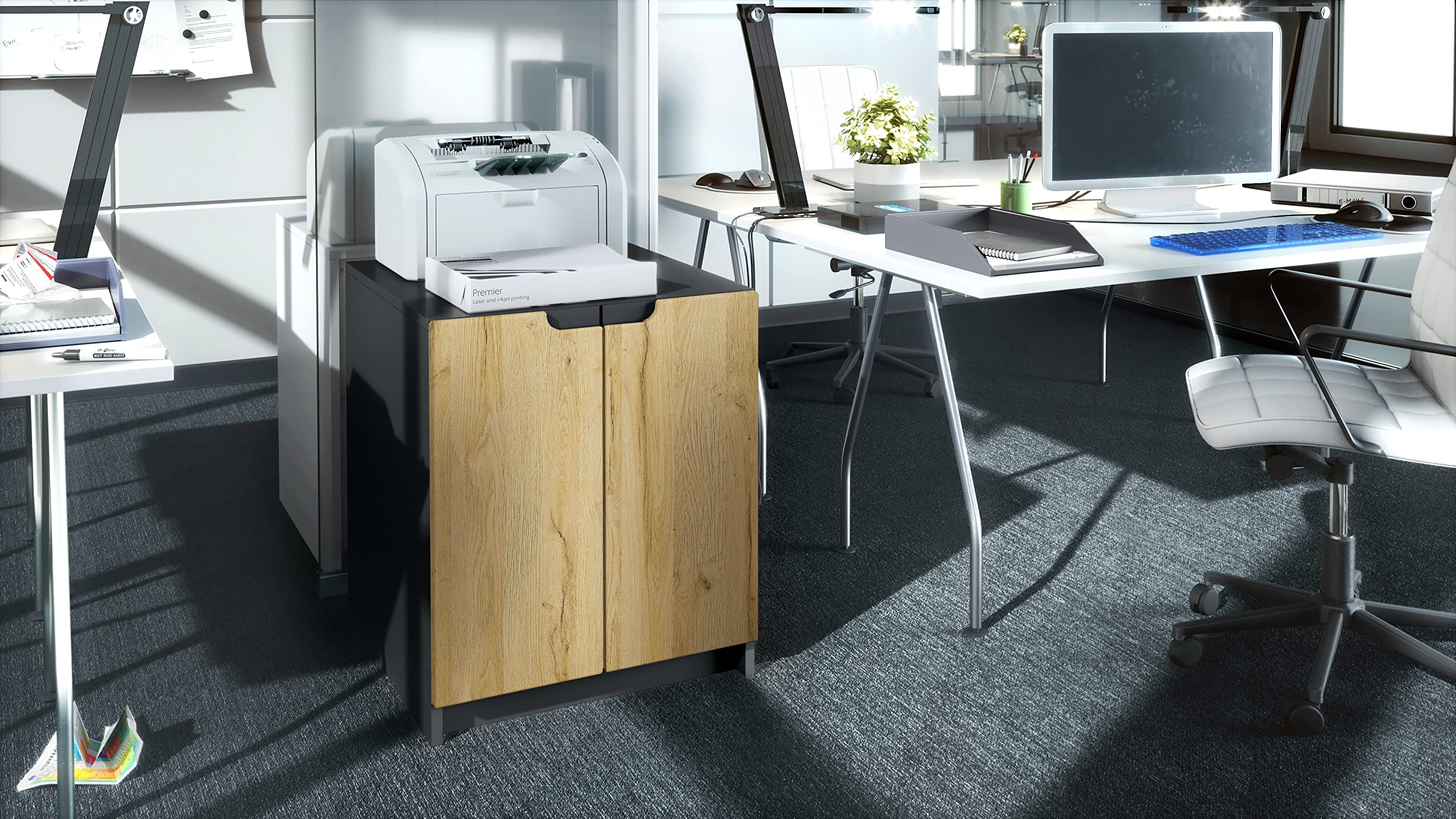 Vladon Mobiletto porta stampante Logan, armadietto schedario con 2 scomparti e 2 ante, cassa nero opaco, frontali rovere naturale, (51 x 60,5 x 54 cm)