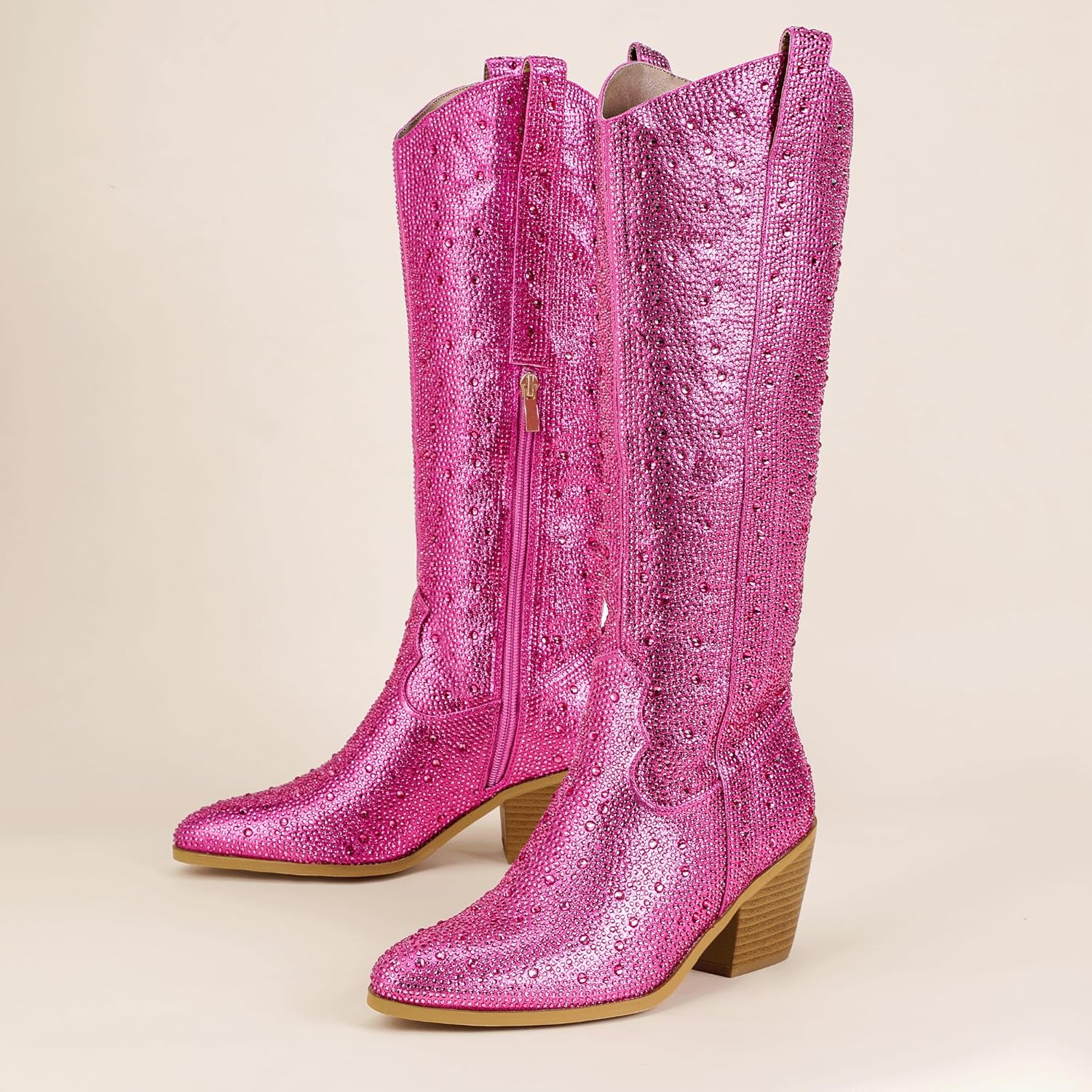 IDIFU IN3 Rhinestone Cowboy Boots For Women Knee High Western Cowgirl Boots Pointed Toe Block Chunky Heels Sparkly Glitter Long Tall Dress Booties Party Bling Shiny Boots - Image 4