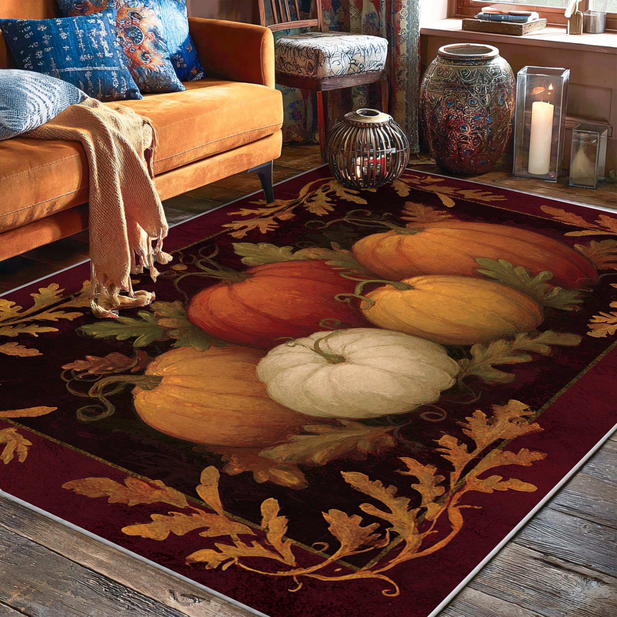 Tapis citrouille d'automne orange et rustique en 1,5x2,1 m pour la décoration du salon