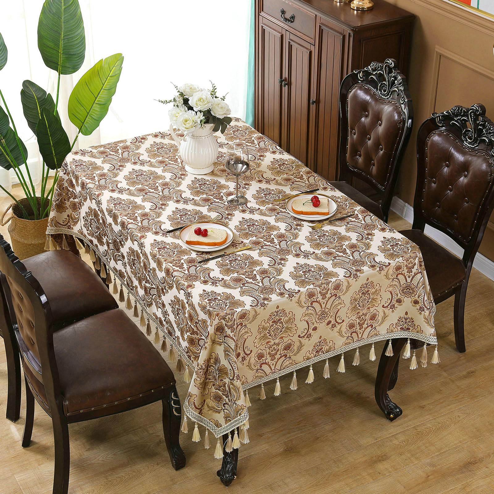 Gualiy Obrus do jadalni 150 x 220 cm, żakardowy haft obrus, beżowy