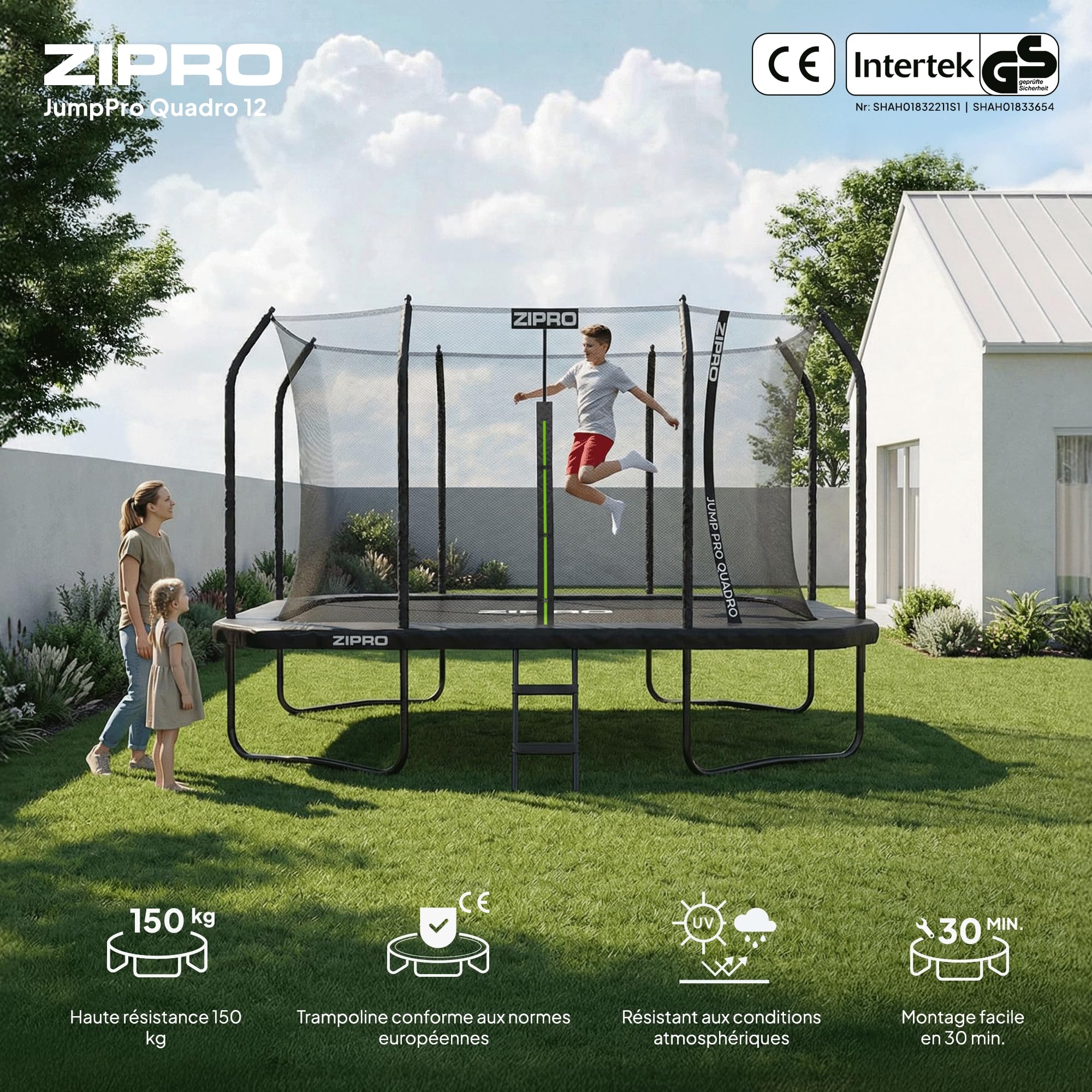 ZIPRO Trampoline Extérieur - Trampoline de Jardin Rectangulaire avec Filet de Sécurité, Tapis de Saut et Échelle - Trampoline Familial Charge Max 150 kg - JumpPro Quadro Ø 366/472 cm