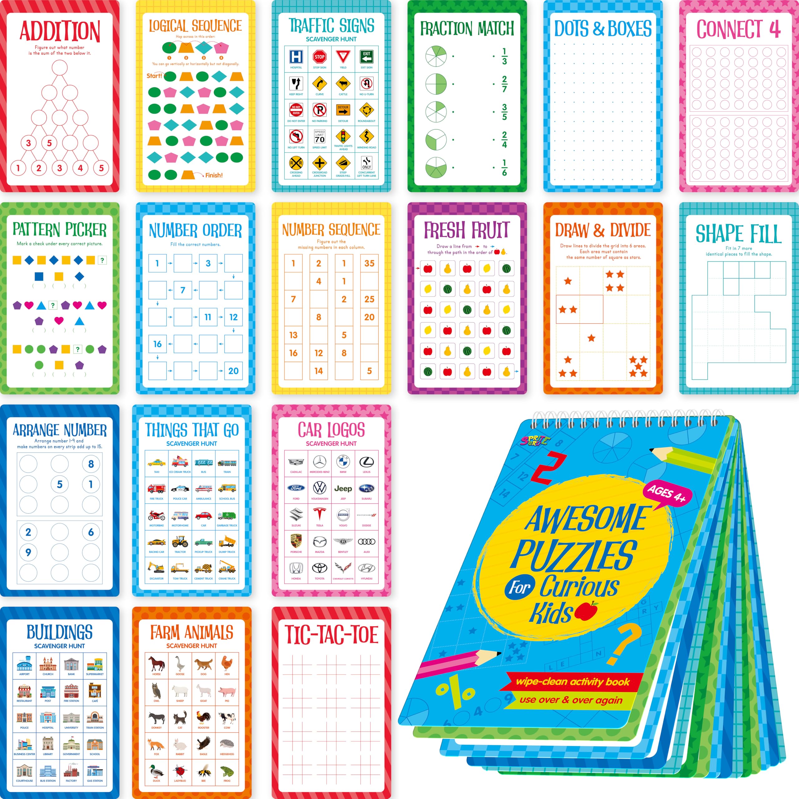 Logic Puzzles Game Pad, 30 Reusable & Erasable Logical Thinking Games-Sudoku, Scavenger Hunt, Math Games
