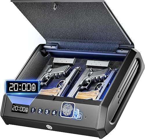 Large Biometric Gun Safe fits 4 pistols, 100 Sets of Fingerprint Handgun Safe with Internal Light & Silent Mode, Emergency Power Supply Gun Lock Box