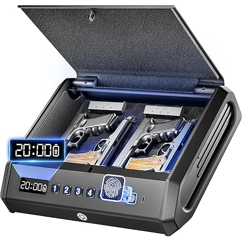 Large Biometric Gun Safe fits 4 pistols, 100 Sets of Fingerprint Handgun Safe with Internal Light & Silent Mode, Emergency Power Supply Gun Lock Box for Home Bedroom Bedside Nightstand and Car TOPMEDA