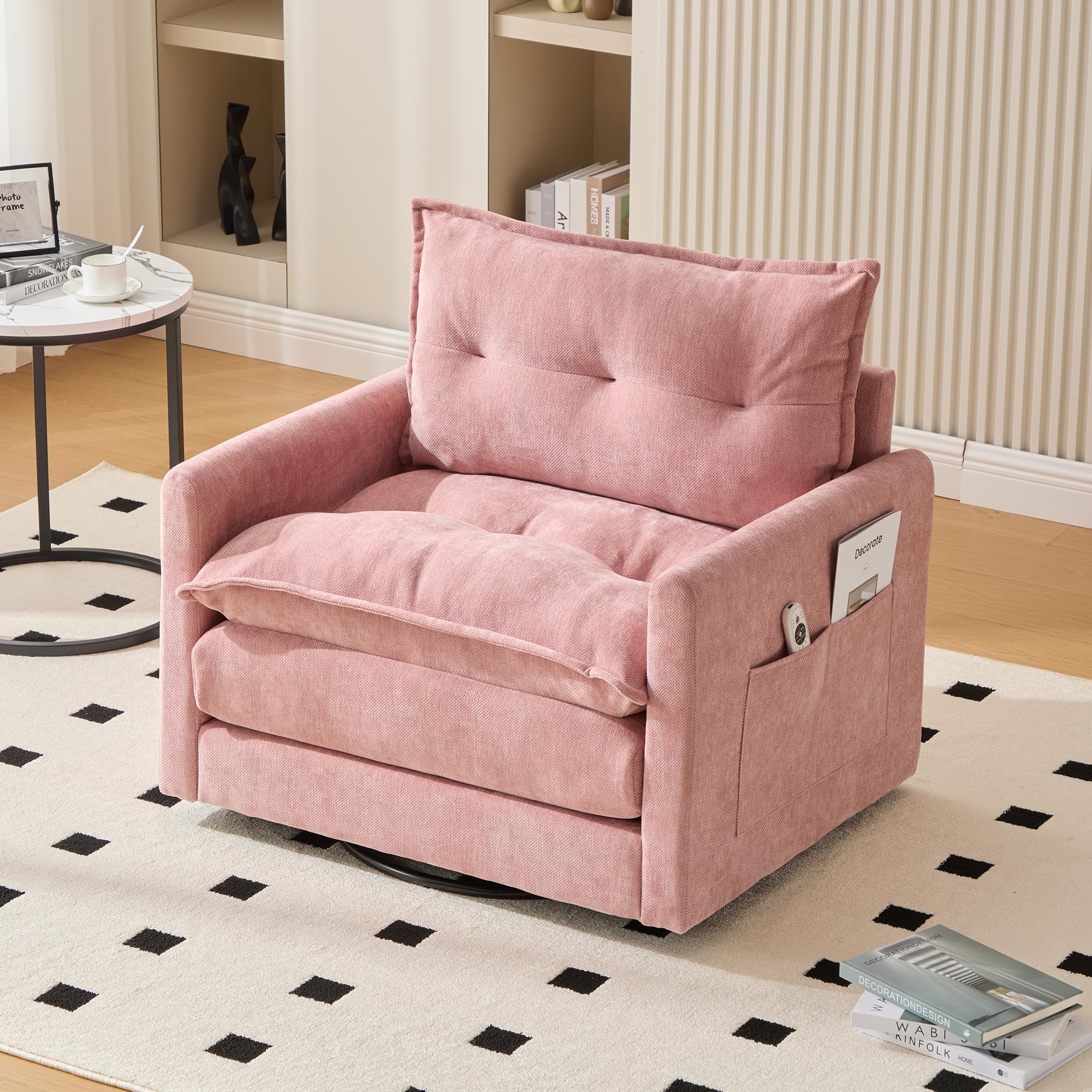 Modern Pink Cloud Swivel Accent Chair, Chenille Upholstered Arm Chair, Comfy Reading Chairs, Single Sofa for Living Room Office Bedroom Apartment (Pink)