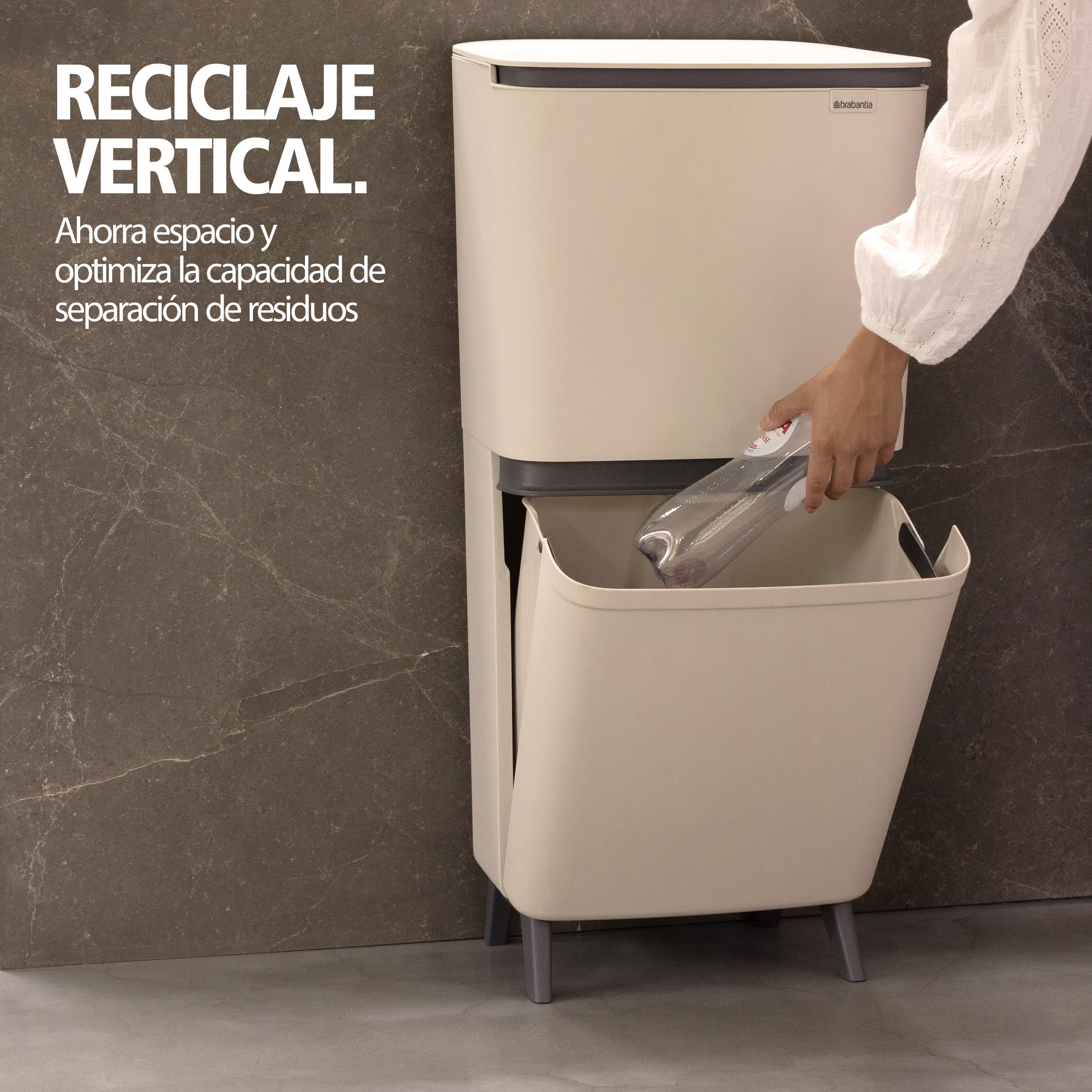 Brabantia SortUp Hi 10+10+25L Cubo de basura cocina (Soft Beige), papelera reciclaje con cubos extraíbles, cubo de basura reciclaje alto y estrecho, con tapa de cierre suave
