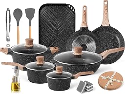 RIOVARM Induction Set of Pots and Pans with Lids Non-Stick Cookware Set with Grill Pan Kitchen Essentials Set Granite Frying Pan Saute Pan Sauce Pan Spatulas